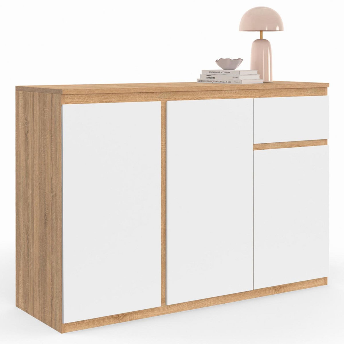ID MARKET Buffet 100 cm TOMI 3 portes et 1 tiroir blanc et bois