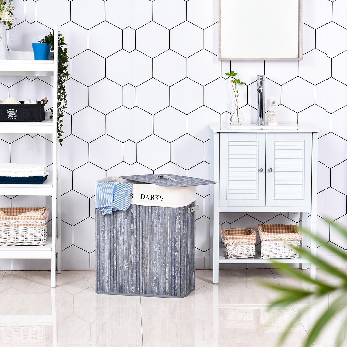 HOMCOM Panier à linge corbeille à linge 2 bacs bambou pliable couvercle poignée sac amovible en toile gris