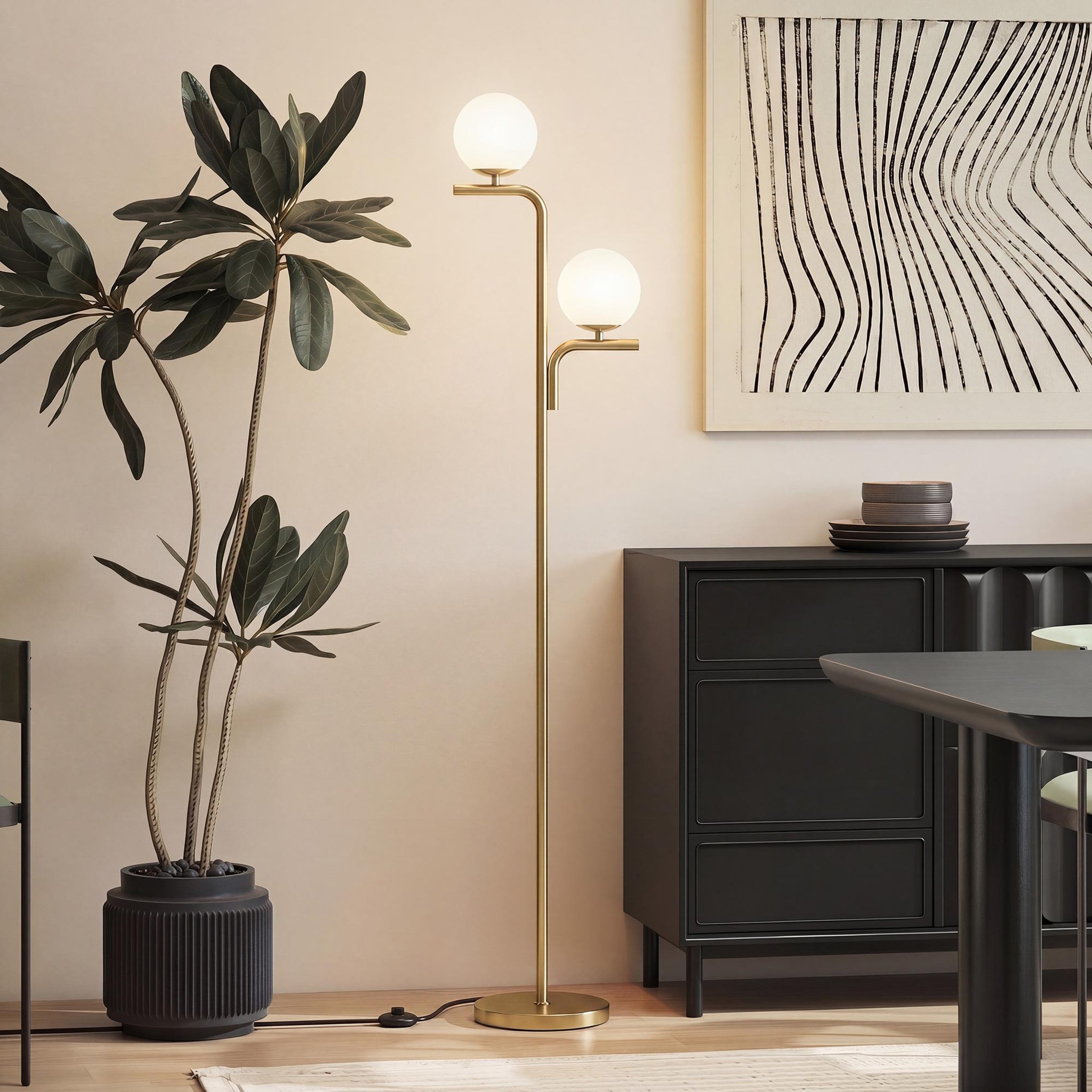 Voir la diapositive 4 : HOMCOM Lampadaire globe design néo-rétro 2 ampoules max. 40 W 170H cm métal doré