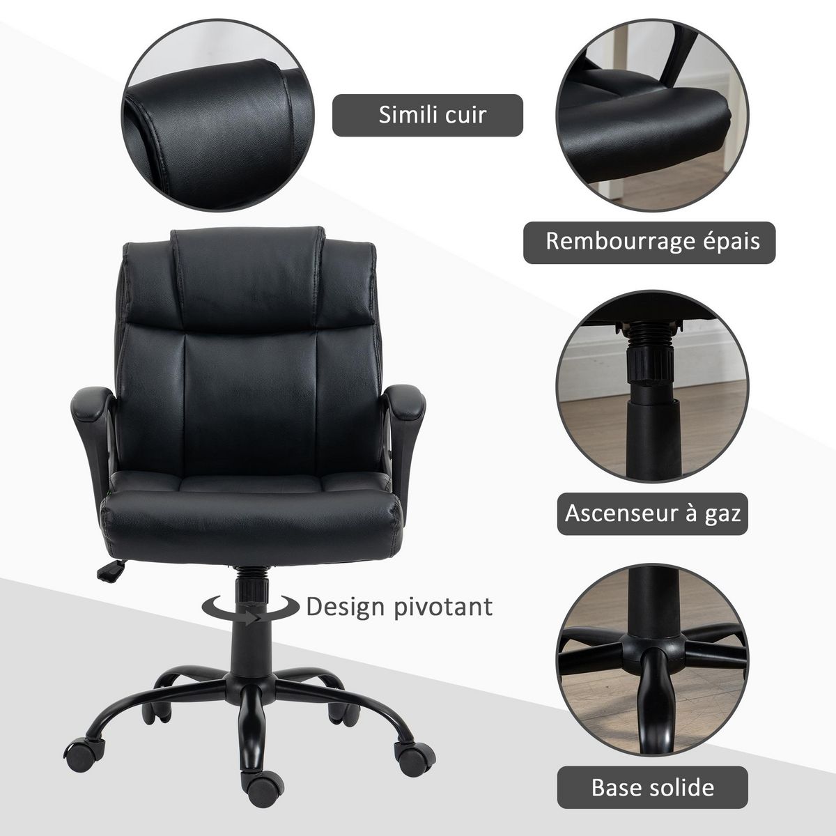 VINSETTO Chaise de bureau ergonomique - hauteur réglable, pivotante 360° - accoudoirs rembourrés - acier synthétique noir