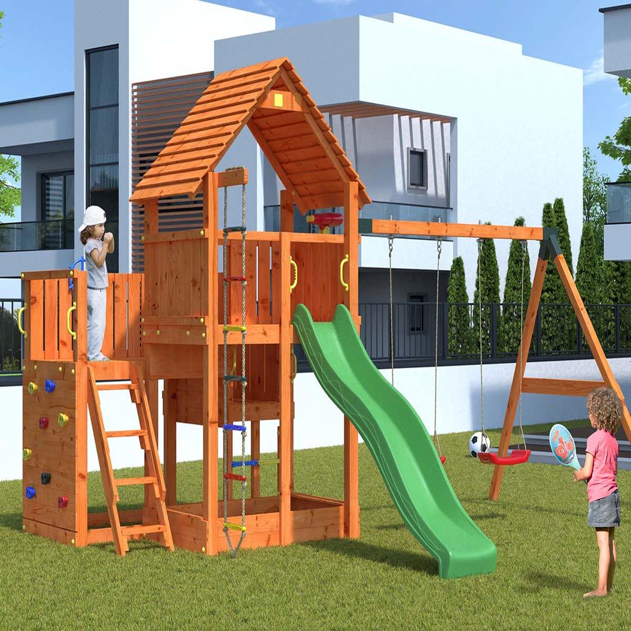 Voir la diapositive 2 : Fungoo Aire de jeux Big Leader Move + Bac à sable + Corde + Toboggan Jaune - Fungoo