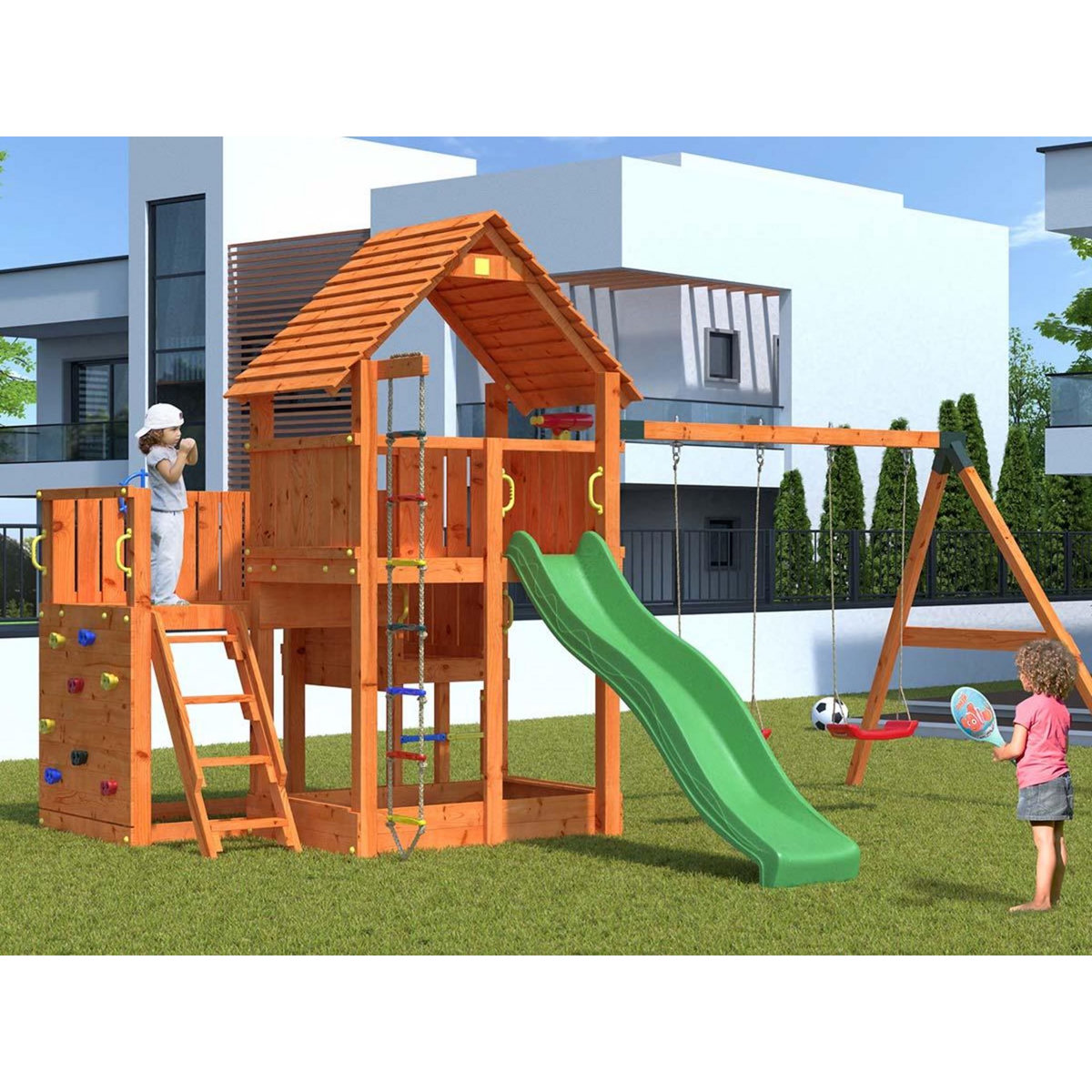 Fungoo Aire de jeux Big Leader Move + Bac à sable + Corde + Toboggan Jaune - Fungoo