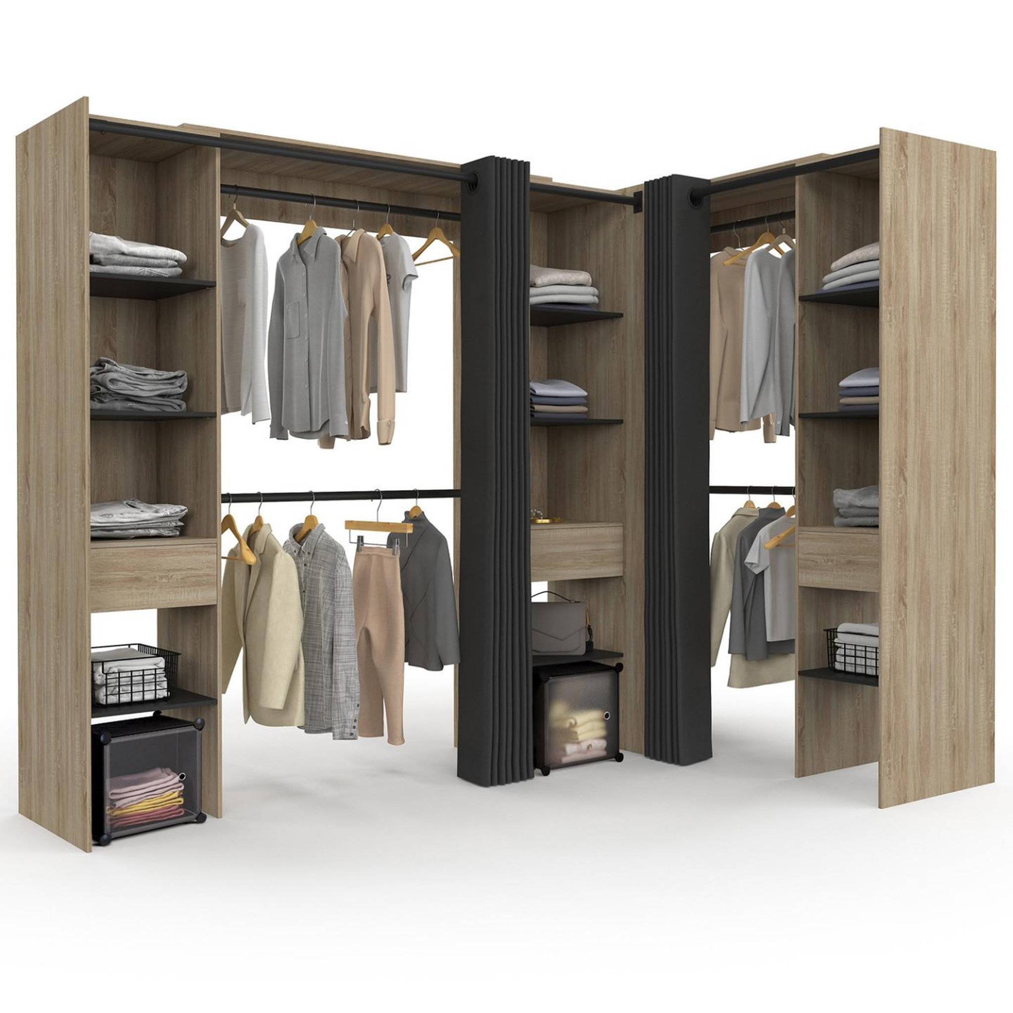 ID MARKET Dressing extensible d'angle marlon 230 x 140 x 180 cm hêtre avec penderies + étagères + rideaux noirs