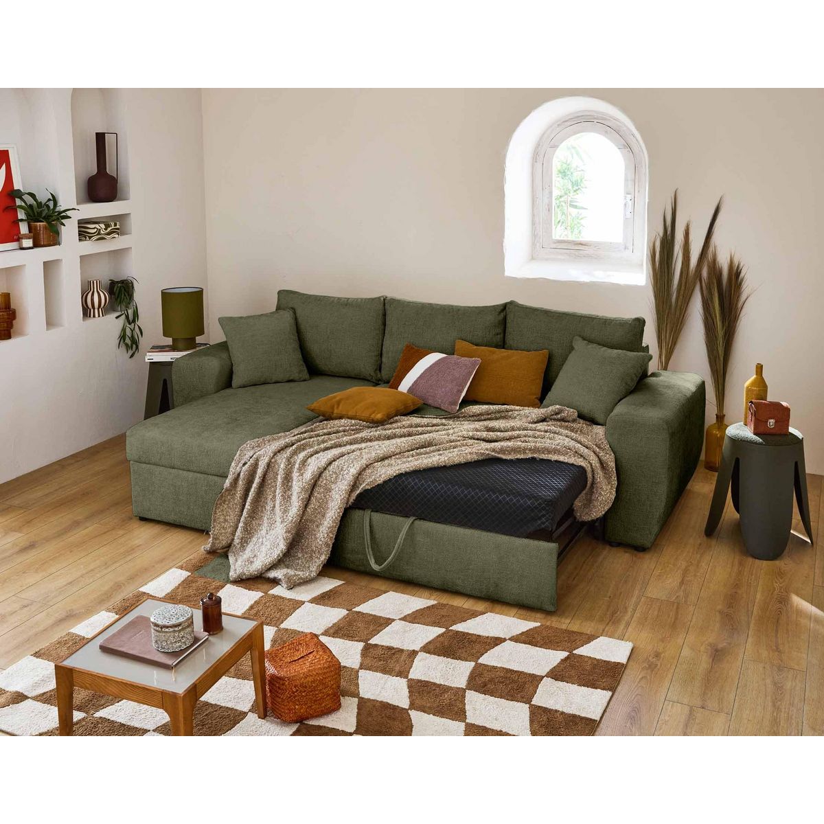 BEST MOBILIER Milan - canapé d'angle réversible 4 places - convertible avec coffre - en velours texturé