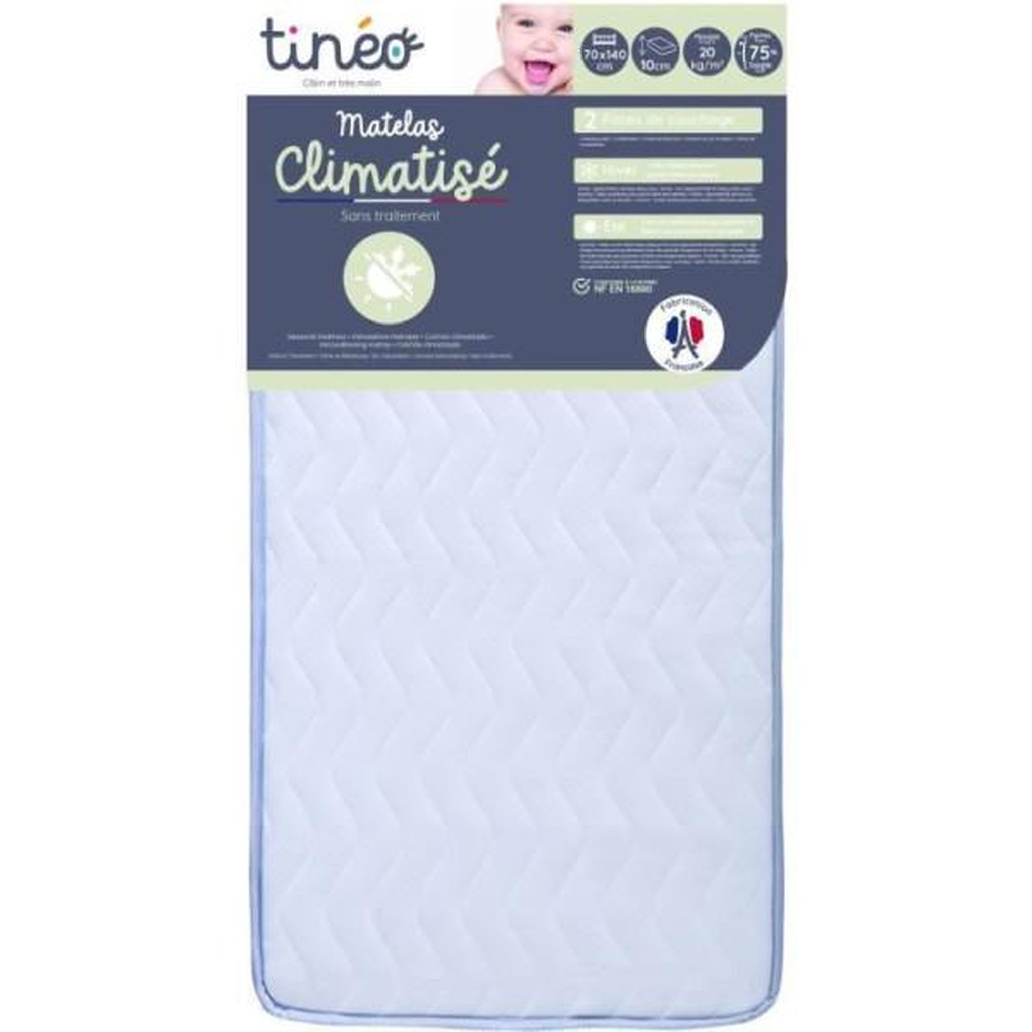 Voir la diapositive 2 : TINEO Matelas bébé climatisé compressé - 70 x 140 cm - Epaisseur 11 cm - Avec Drap housse et Alese - TINEO