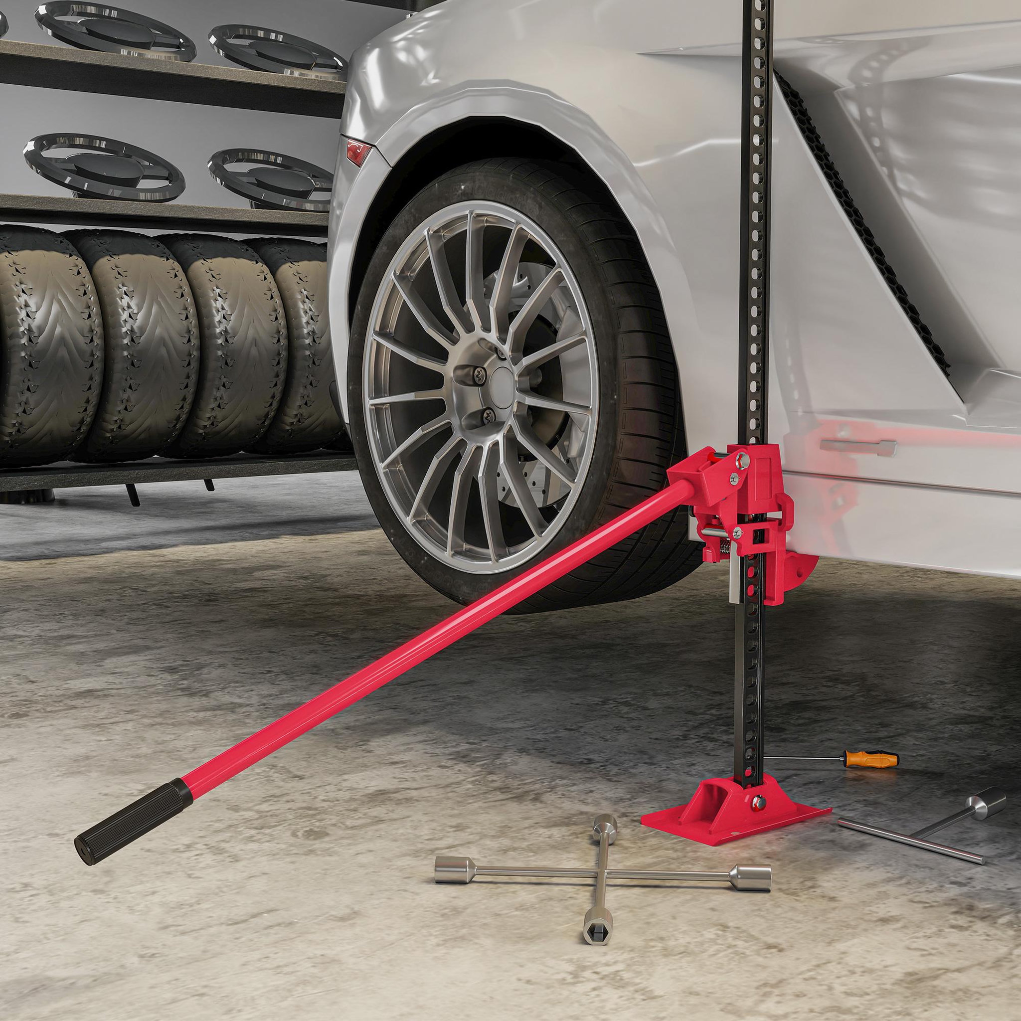 Voir la diapositive 5 : HOMCOM Cric farm jack charge max. 3000 Kg - hauteur de levage 11-135 cm - cric à crémaillère acier rouge noir