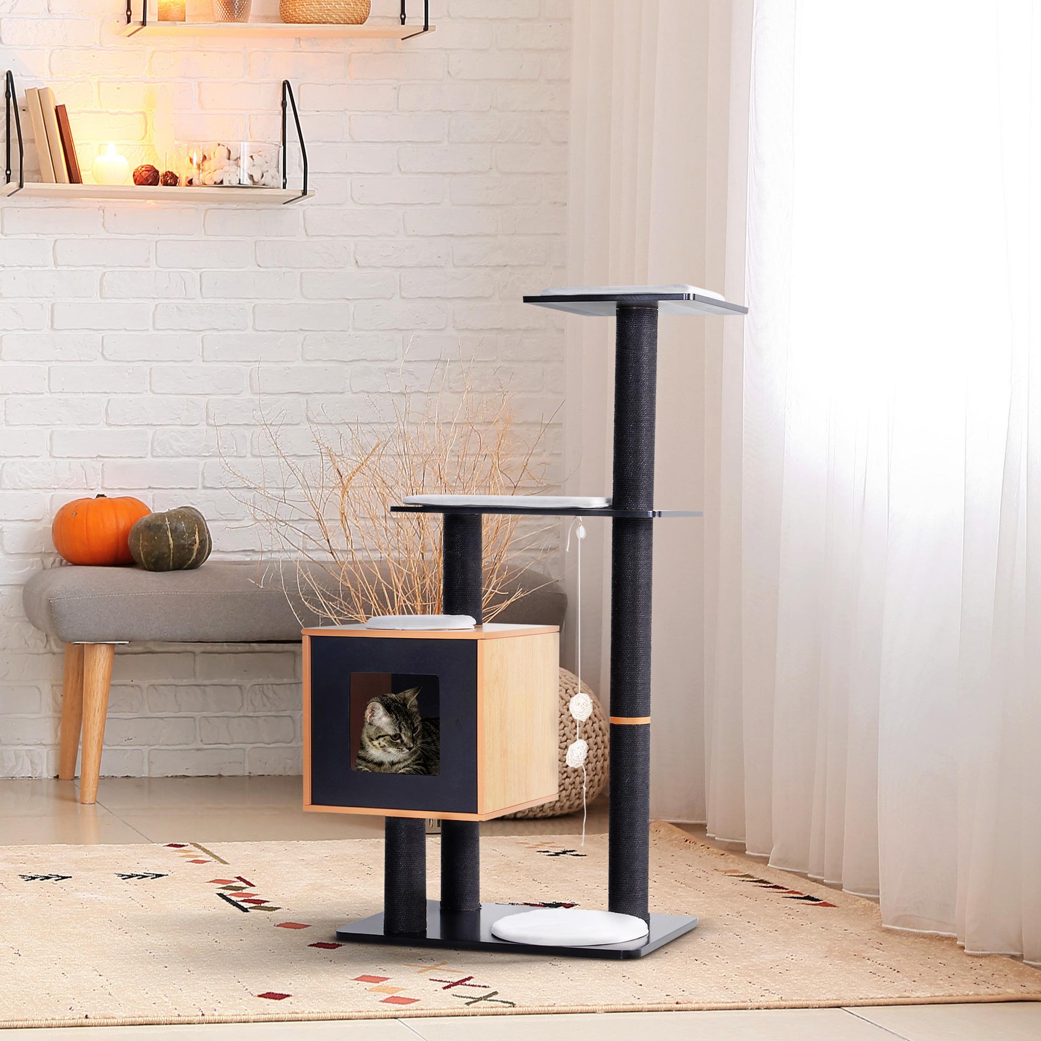 Voir la diapositive 2 : PAWHUT Arbre à chats design contemporain griffoirs grattoirs sisal naturel centre d'activités niche plate-formes jeu boules suspendues 71l x 49l x 120h cm mdf noir hêtre