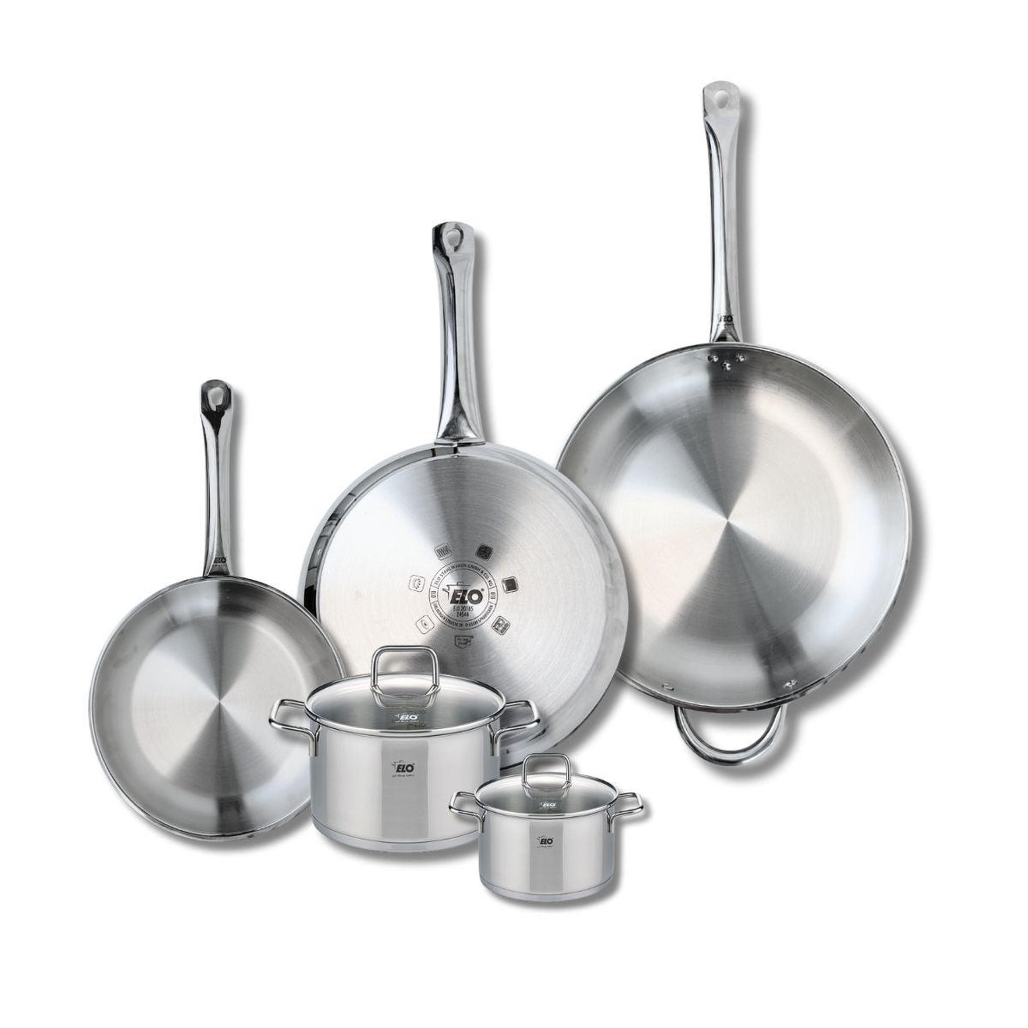 ELO Ensemble de 3 poêles de cuisson 24, 28 et 32 cm et 2 faitouts 12 et 16 cm elo profi citrin