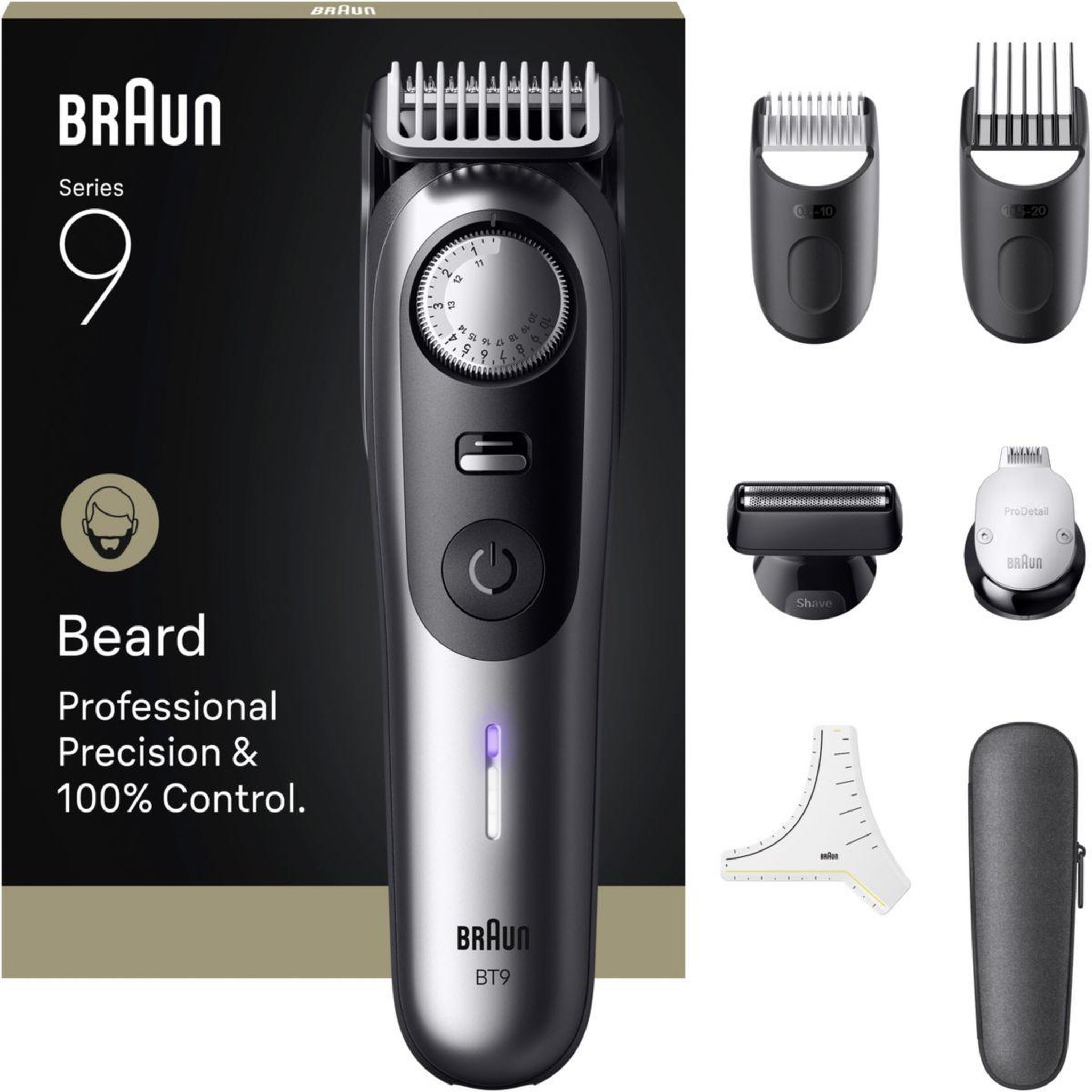 BRAUN Tondeuse barbe bt9520, molette réglable, 50 hauteurs de coupe, précision 0,25 mm, autonomie 180 mn