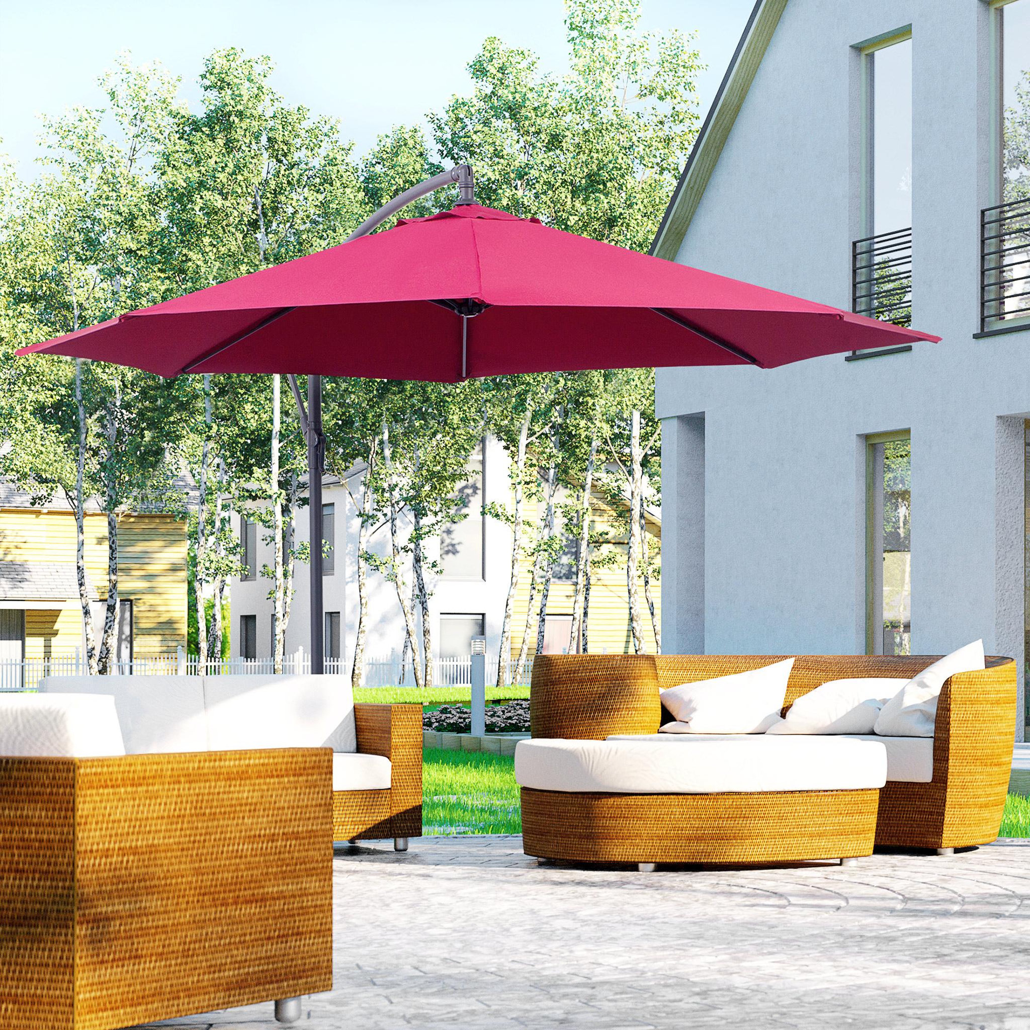 Voir la diapositive 2 : OUTSUNNY Parasol déporté octogonal à manivelle inclinable manivelle avec pied en acier diamètre 3 m rouge