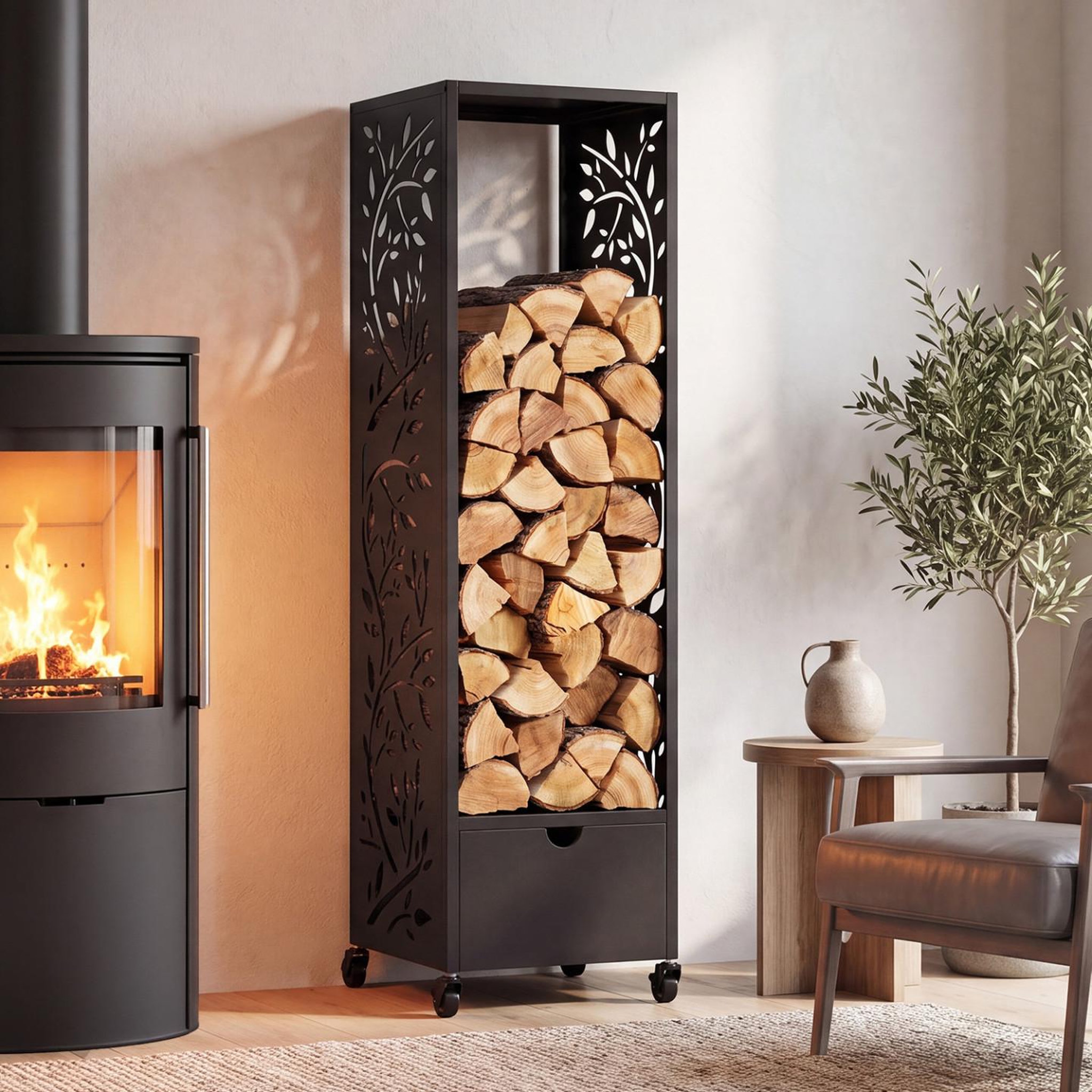 Voir la diapositive 2 : ID MARKET Range bûches vertical plein acier noir motif arbre h. 140 cm pour cheminée avec roulettes et tiroir