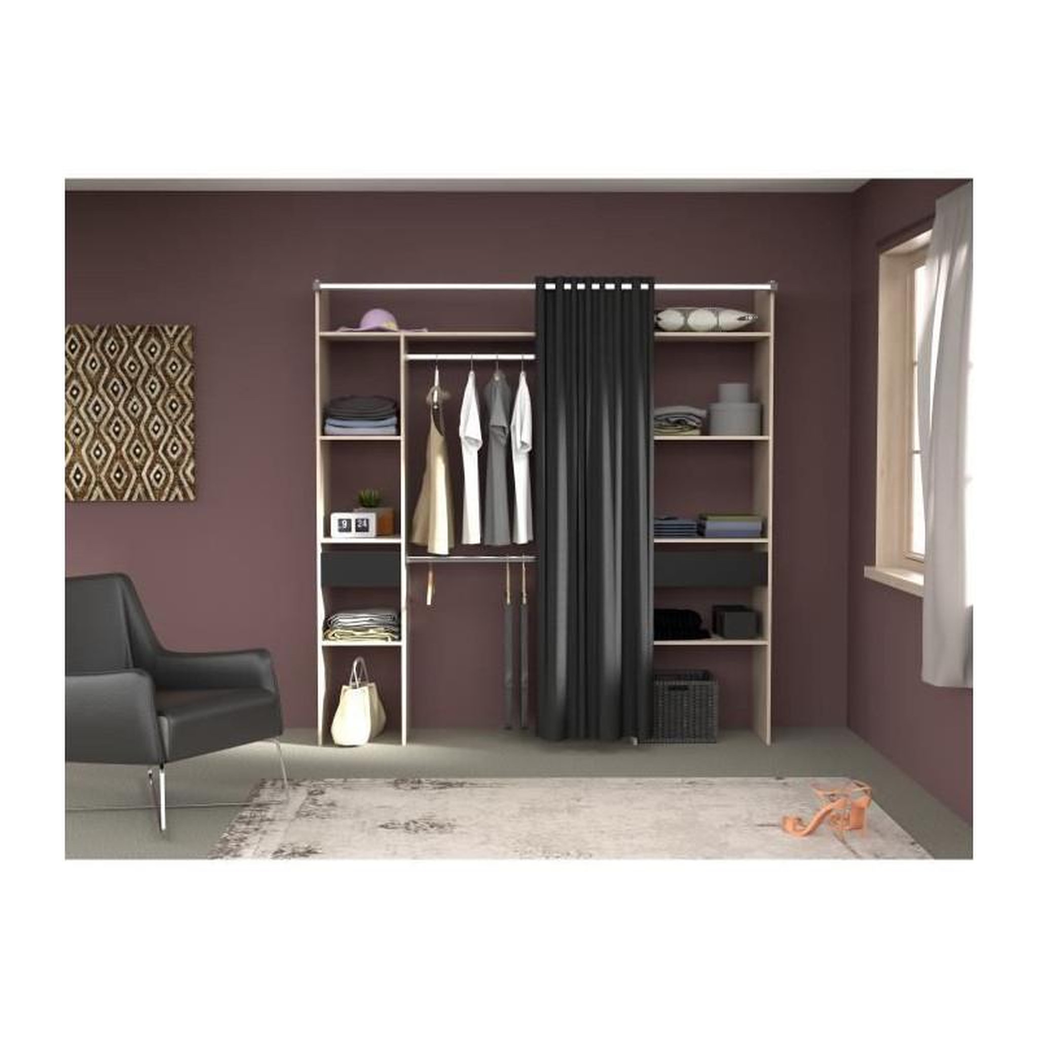 Voir la diapositive 3 : EKIPA Dressing avec rideau - Decor chene jackson et noir - L 198 x P 48 x H 203 cm - COMO