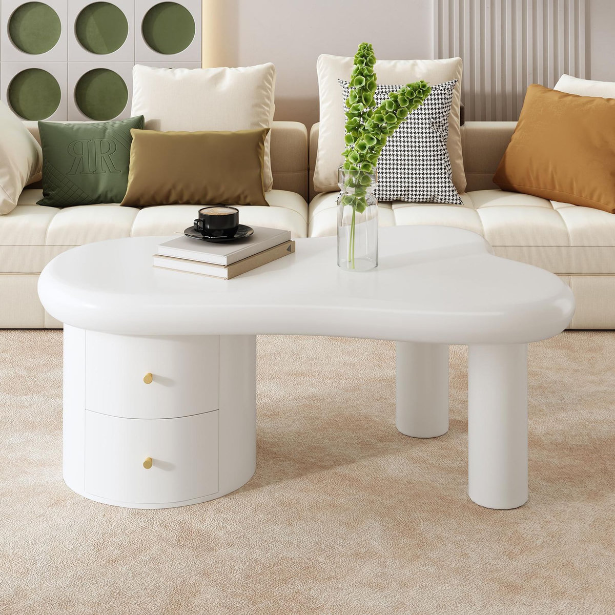MERAX Table basse forme atypique blanc avec 2 tiroirs - 64x97 cm mdf