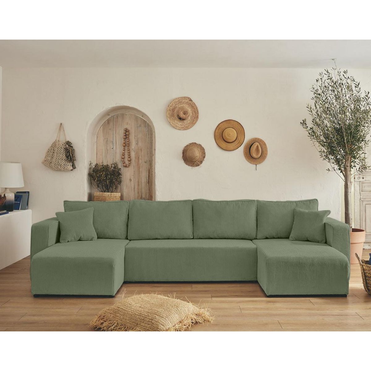 BEST MOBILIER Topaze - canapé panoramique en u - 7 places - convertible avec coffre - en velours côtelé