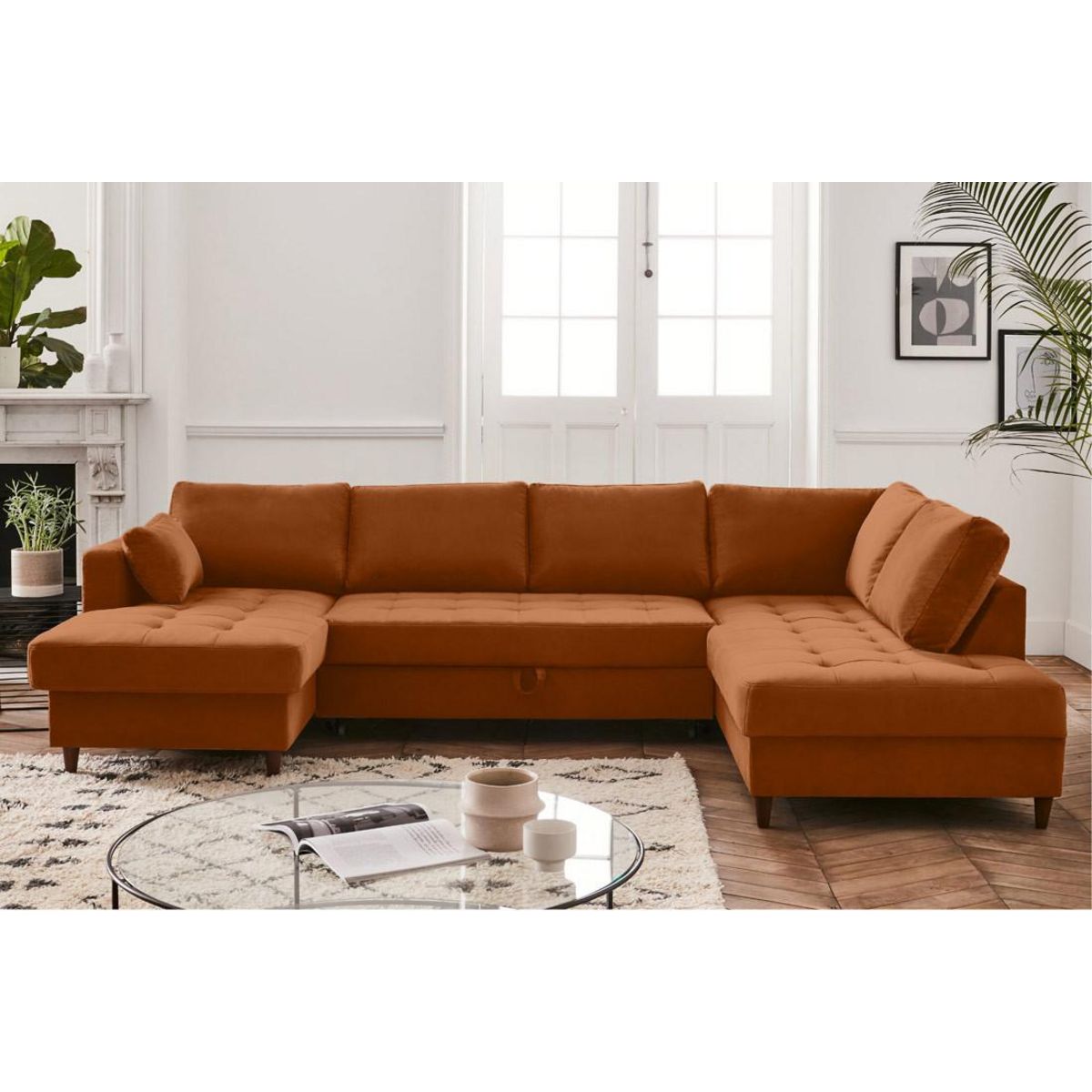 LISA DESIGN Anna - canapé panoramique d'angle droit - 7 places - convertible avec coffre - en velours