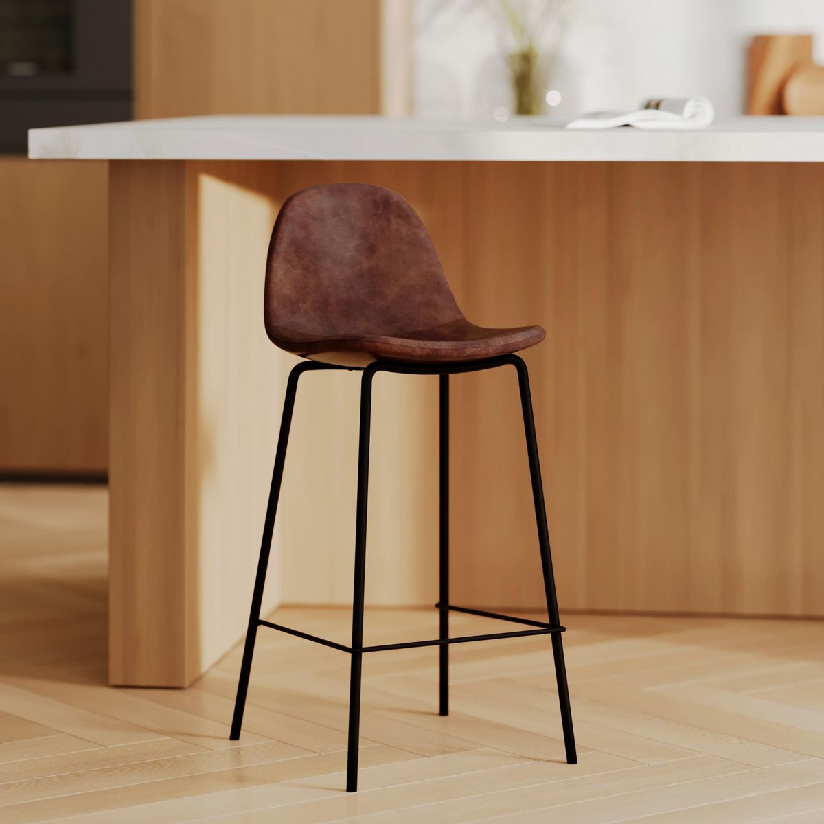 Rendez vous déco Chaise pour îlot central 65 cm en cuir synthétique marron - Henrik