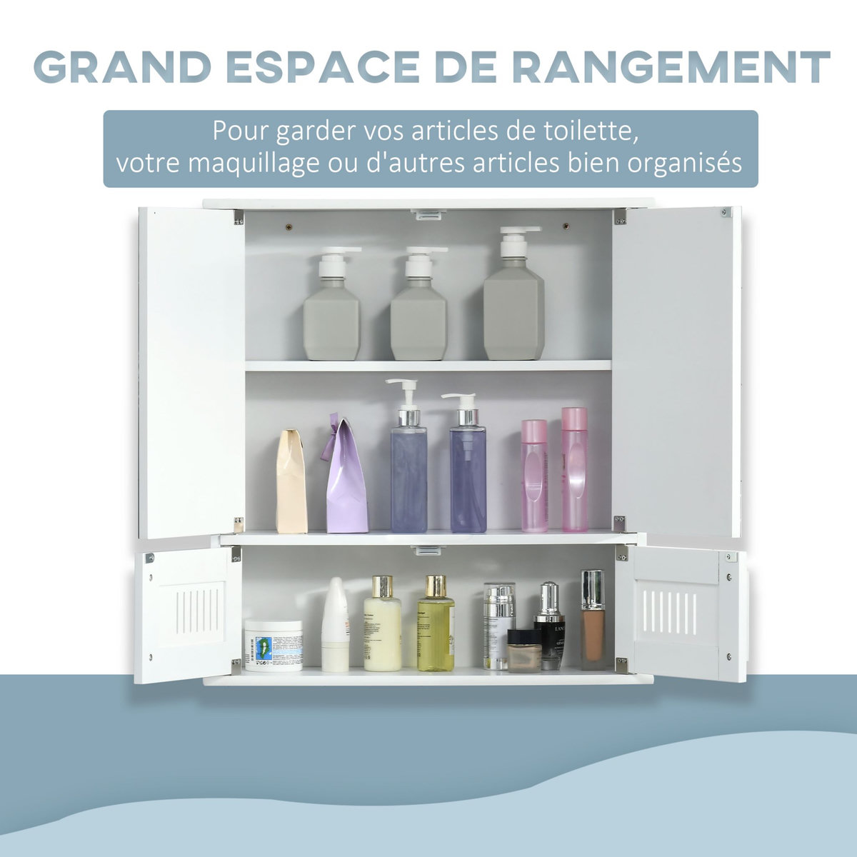 KLEANKIN Armoire murale de salle de bain avec miroir - armoire à glace - placard de rangement toilettes - 4 portes, étagère - verre MDF blanc