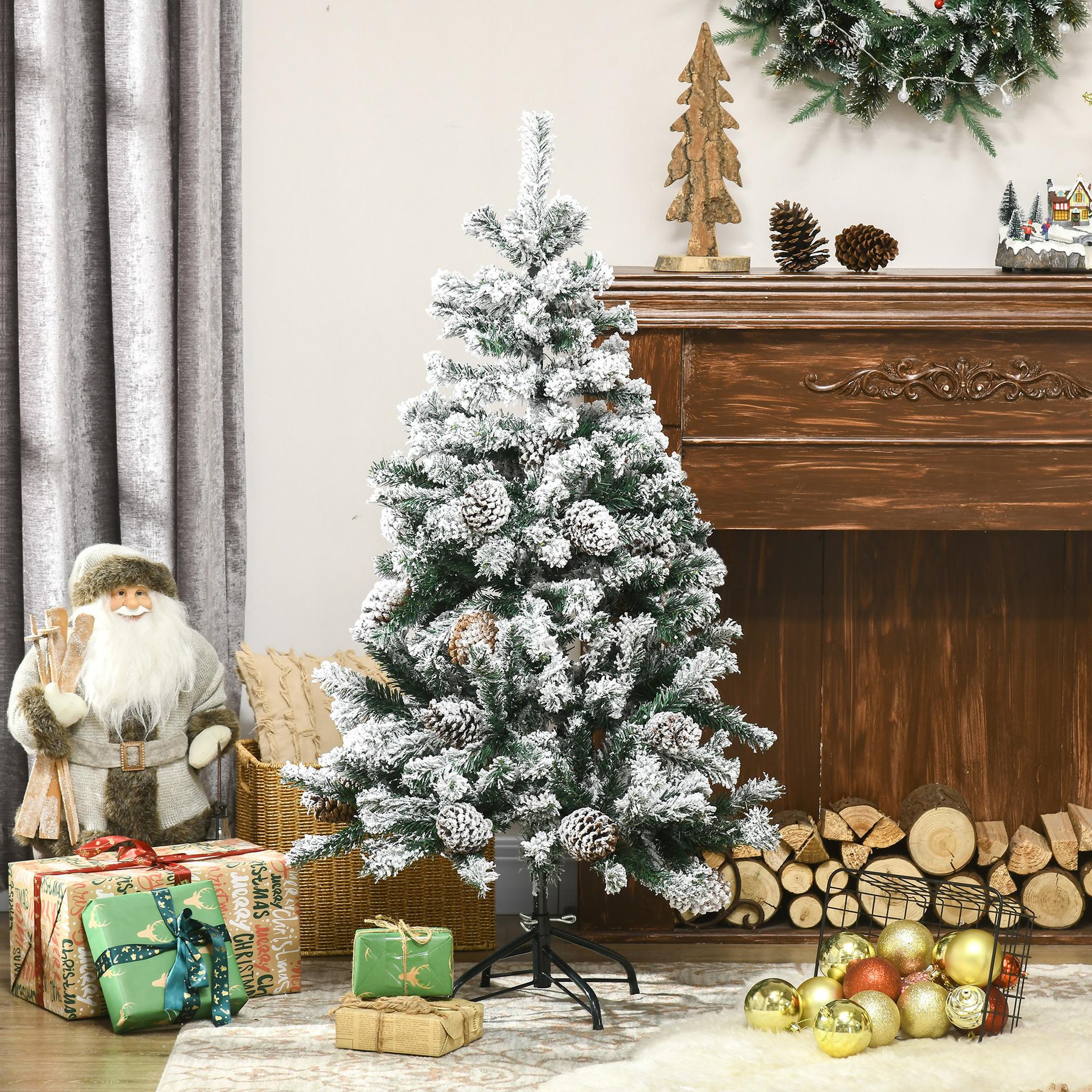 Voir la diapositive 2 : HOMCOM Sapin de Noël artificiel avec 28 pommes de pin arbre de Noël 269 branches enneigées support en acier socle pliable hauteur 120 cm vert