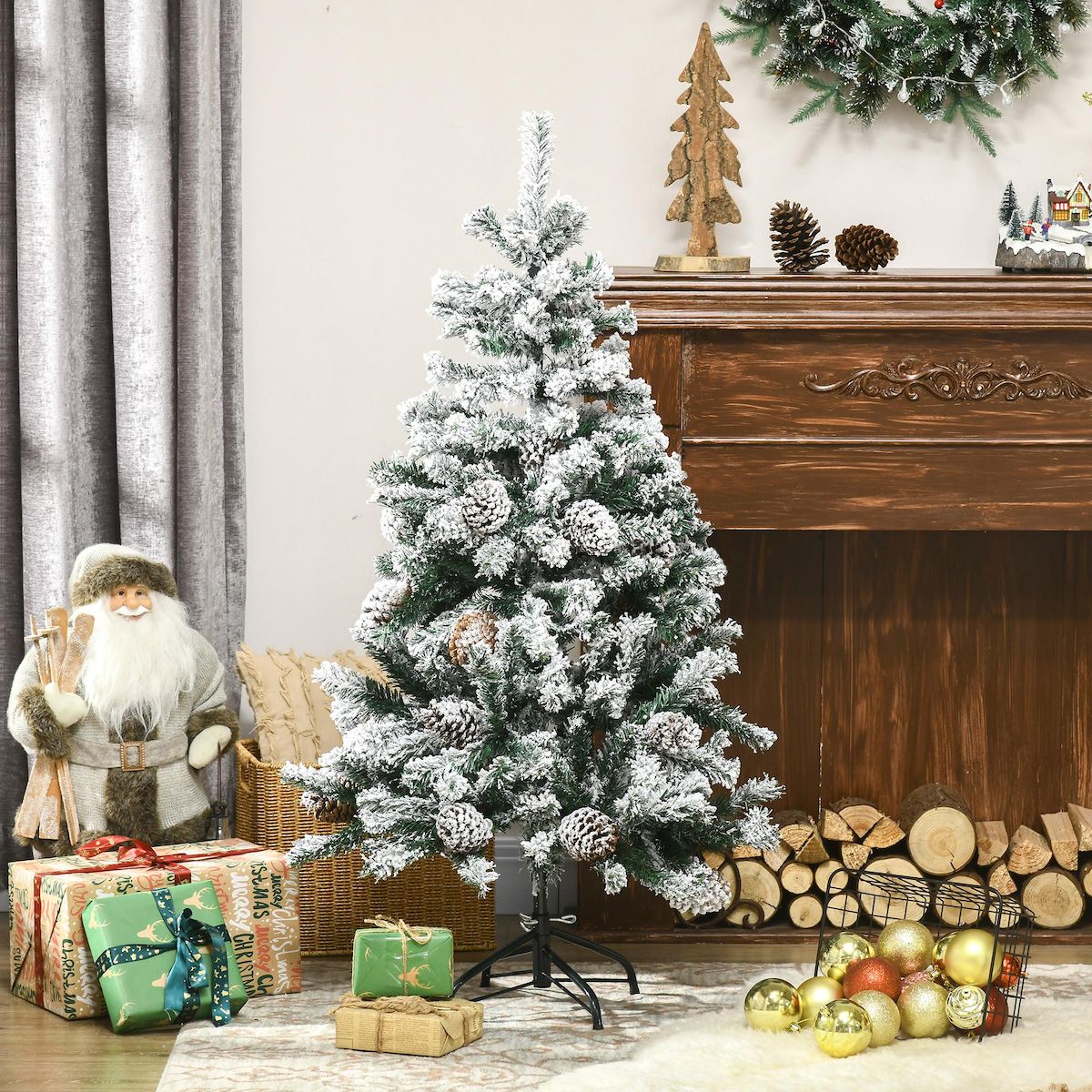 HOMCOM Sapin de Noël artificiel avec 28 pommes de pin arbre de Noël 269 branches enneigées support en acier socle pliable hauteur 120 cm vert