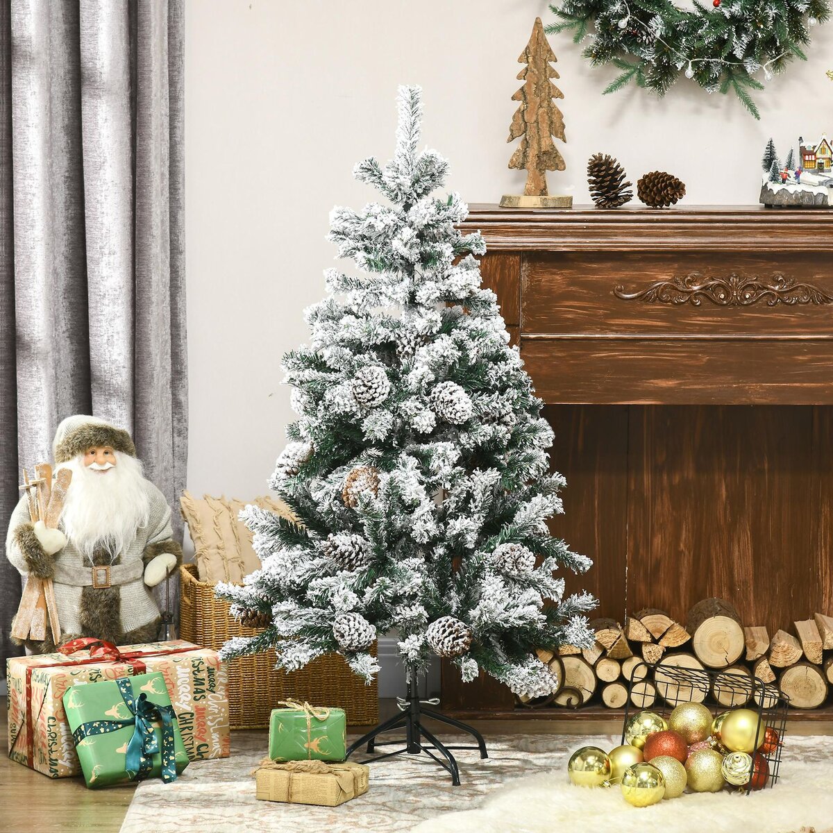 HOMCOM Sapin de Noël artificiel avec 28 pommes de pin arbre de Noël 269 branches enneigées support en acier socle pliable hauteur 120 cm vert