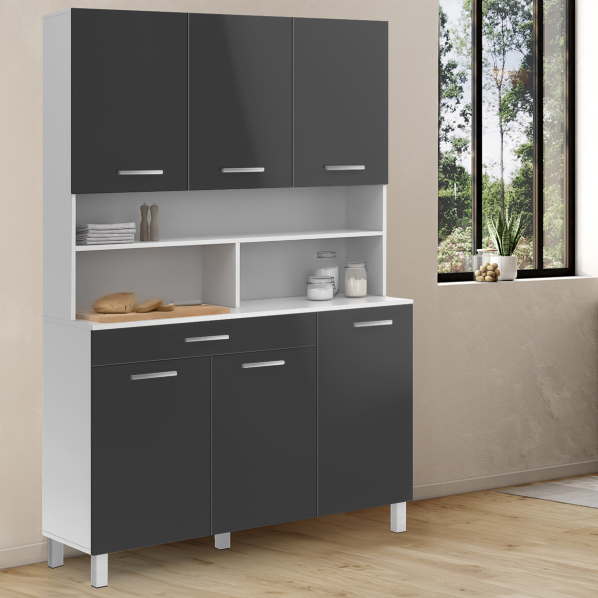 ID MARKET Buffet de cuisine 120 CM CINA 6 portes + tiroir blanc et gris brillant