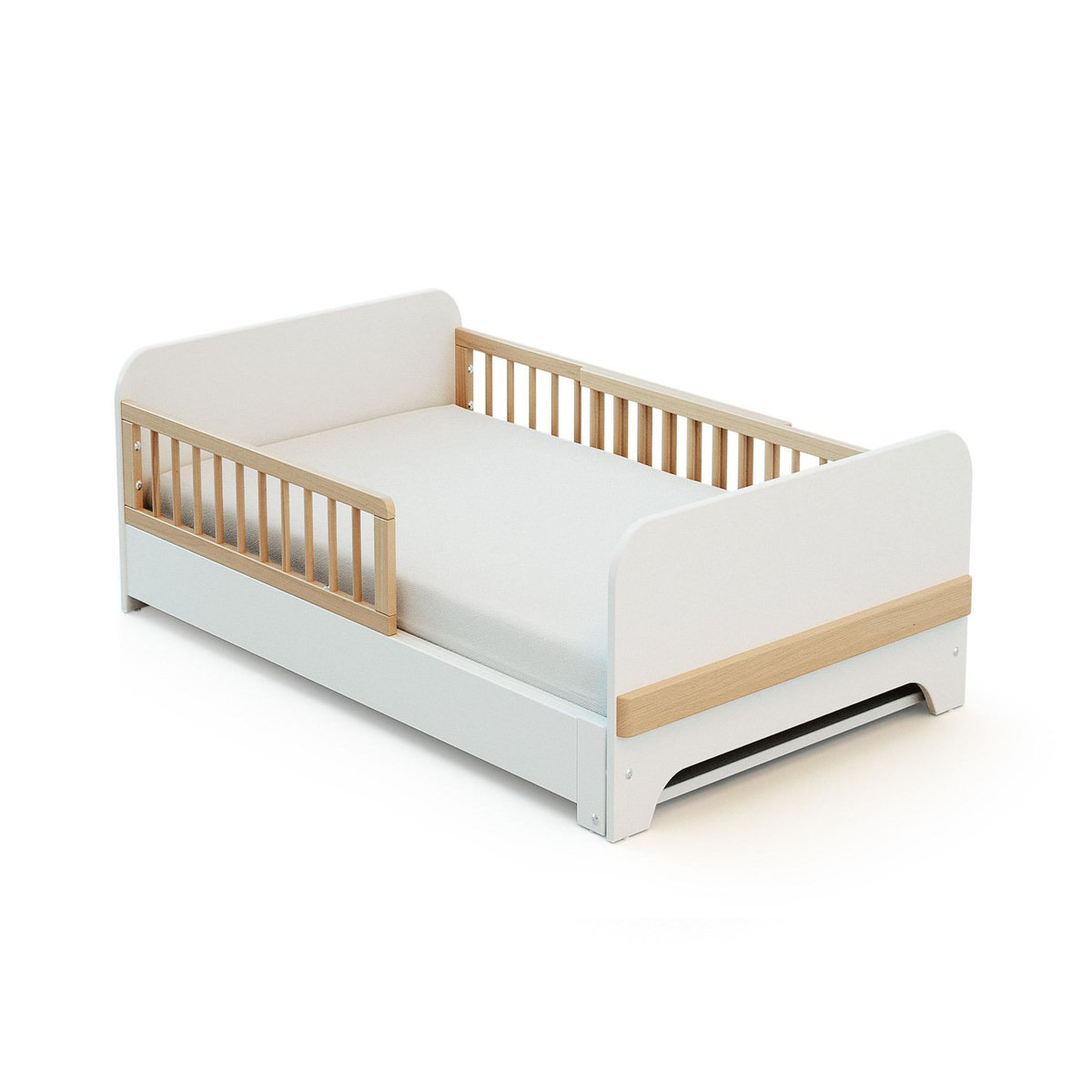 JURABABY Lit au sol enfant extensible en bois 80x140-165-190 CARROUSEL avec matelas - Blanc