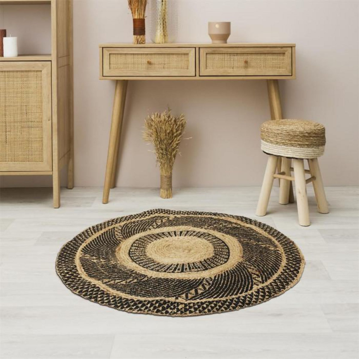 Paris Prix Tapis Rond Déco en Jute  Imprimé  90cm Noir