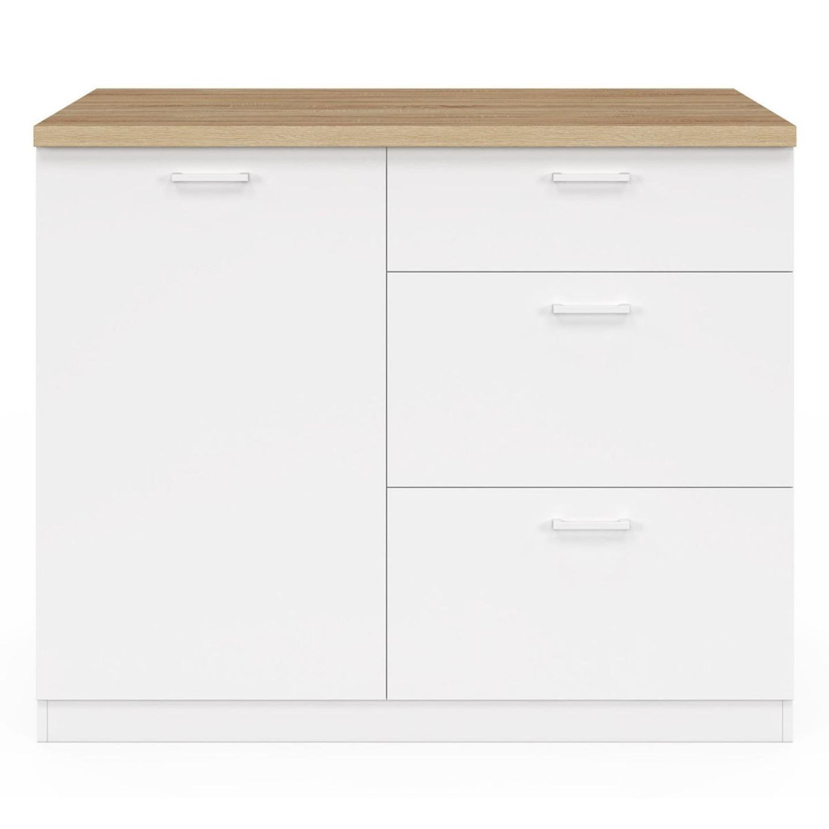 ID MARKET Ilot central TIBO 110 cm casserolier 3 tiroirs bois blanc avec plan de travail façon hêtre