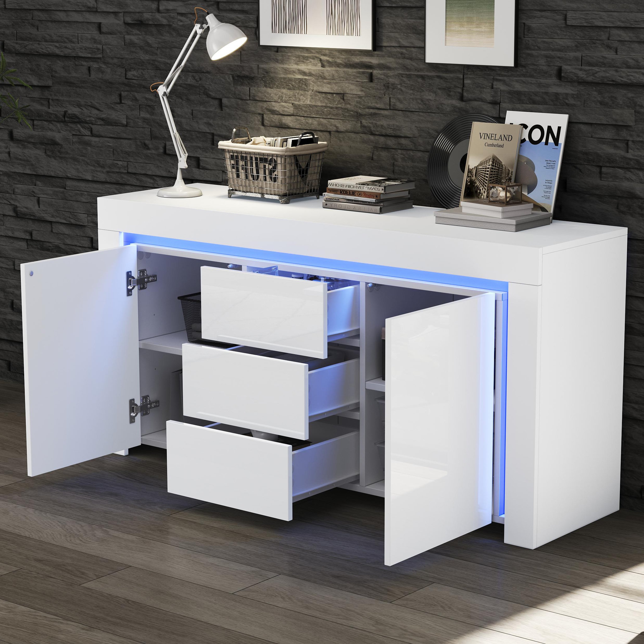 Voir la diapositive 5 : MERAX Buffet 2 porte(s) 3 tiroir(s) - 140 cm blanc led mdf