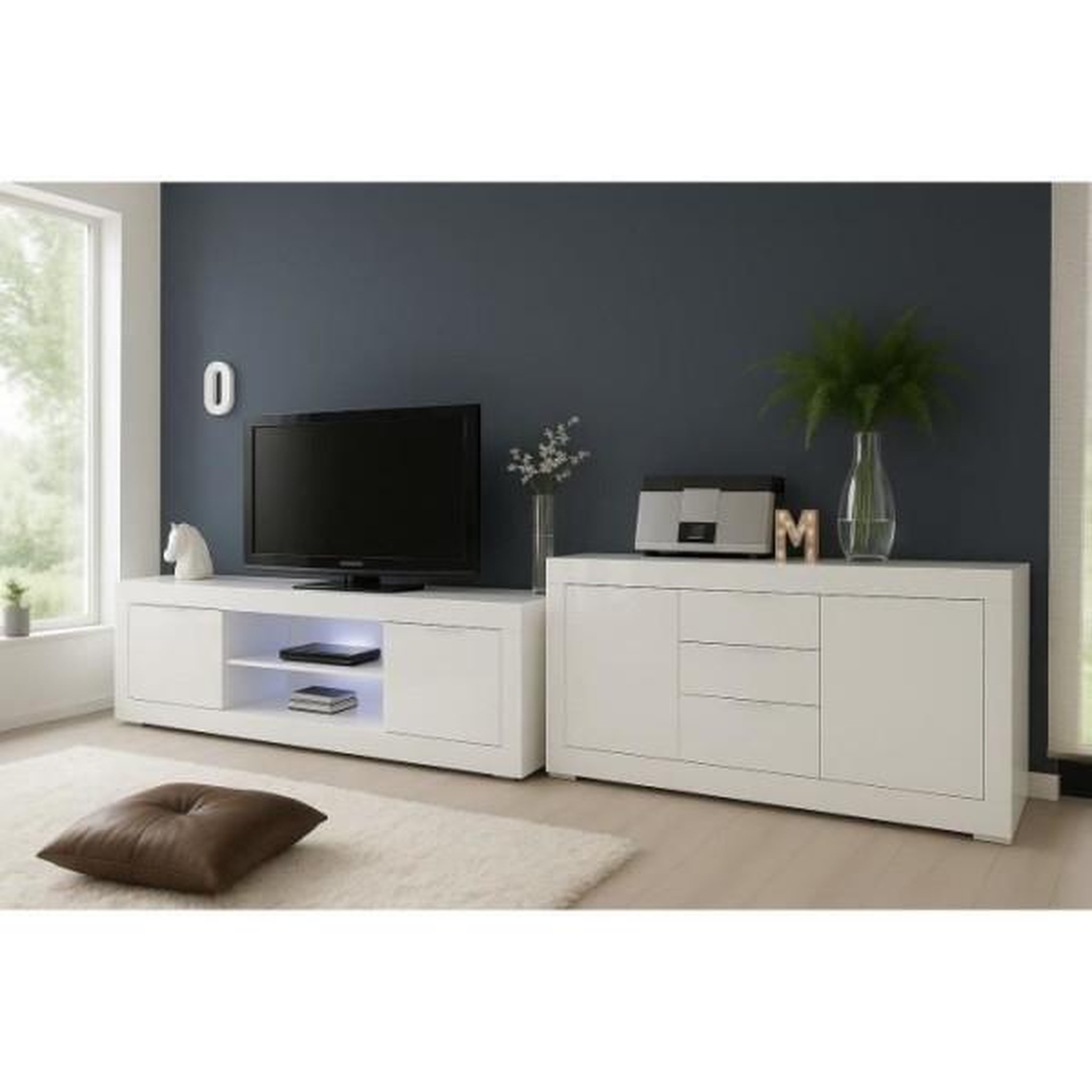 MARKET24 Ensemble séjour - meuble tv 180 cm + buffet 210 cm 2 portes 3 tiroirs - basico - blanc laqué