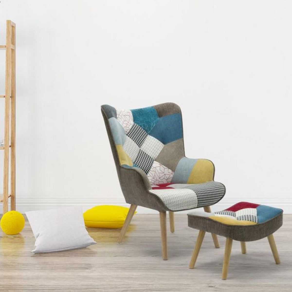 Paris Prix Fauteuil Scandinave & Pouf Patchwork  Orle  98cm Multicolore
