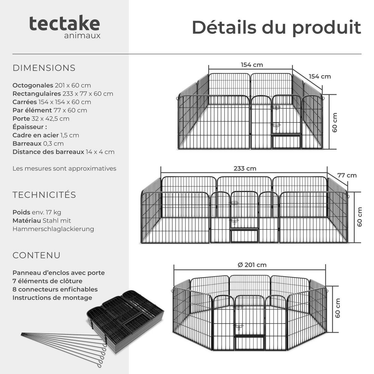 tectake Enclos pour chiots et chiens 8 parties, pliable gris