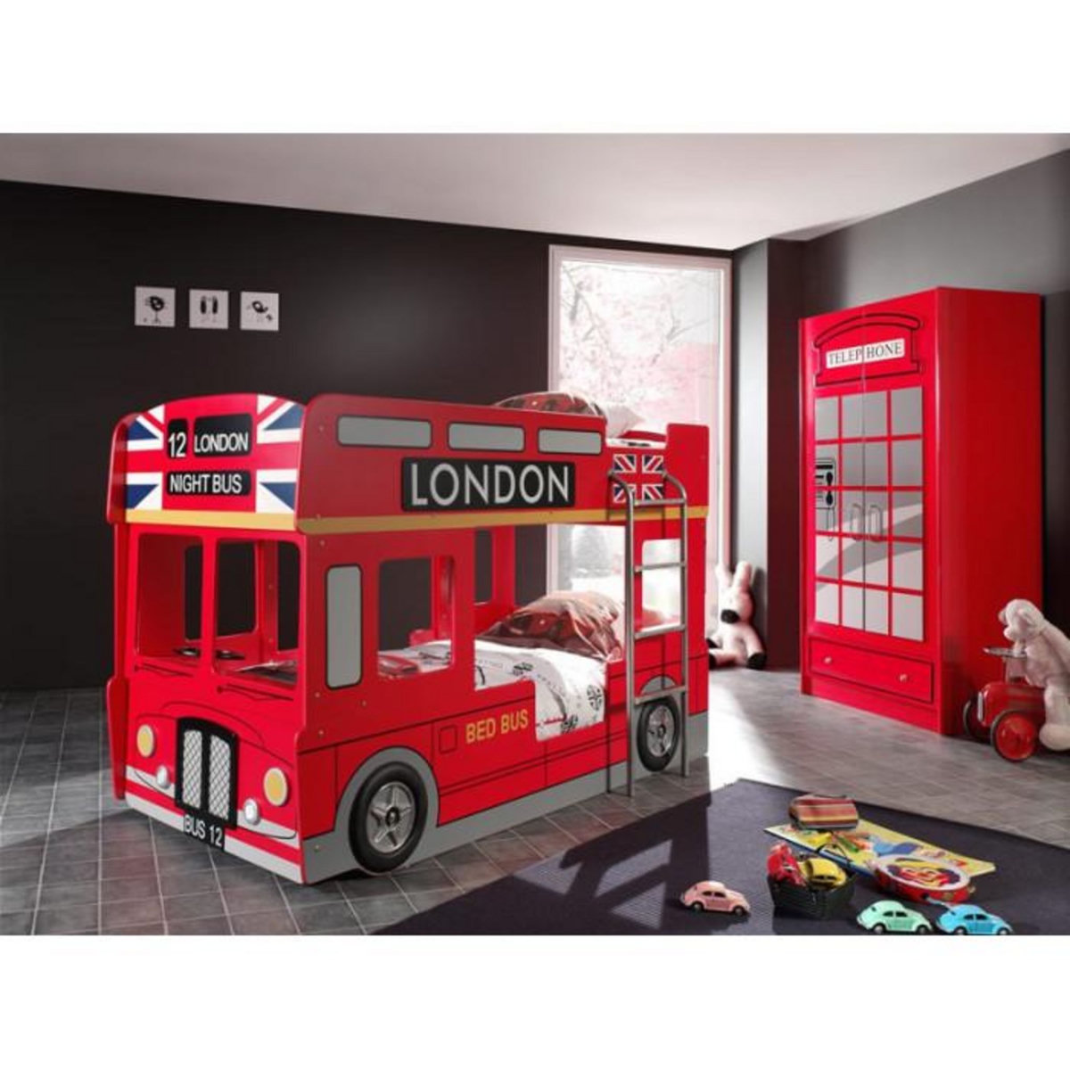 Paris Prix Pack - Lit Superposé Enfant Bus & Armoire 2 Portes Cabine  Londres  Rouge