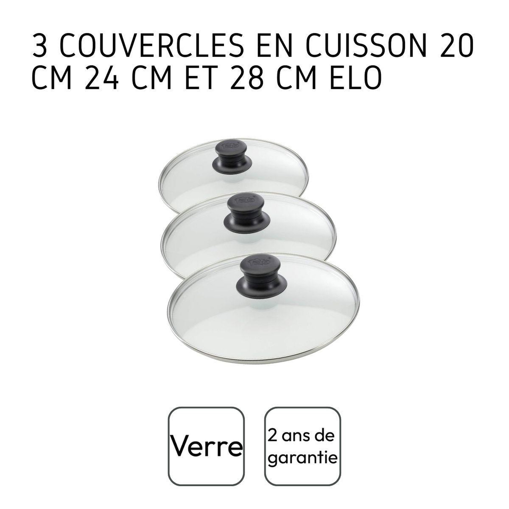 Voir la diapositive 4 : ELO Set de 3 couvercles de cuisson en verre 20 cm 24 cm et 28 cm elo