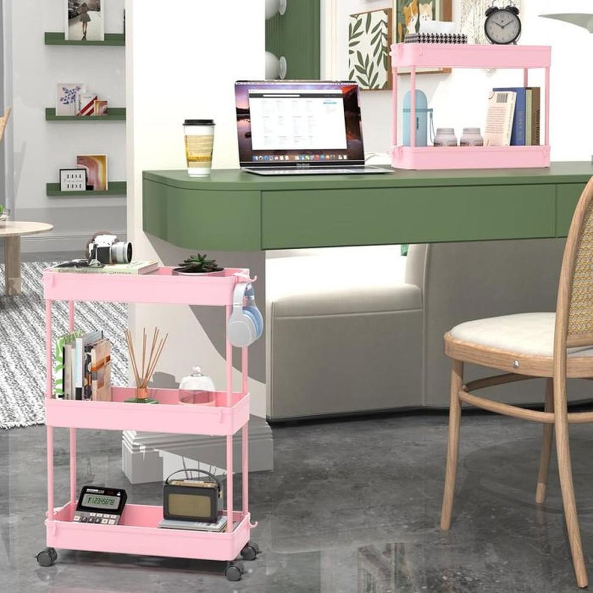 Voir la diapositive 6 : Chariot de rangement rose à 3 niveaux en plastique résine avec roulettes 360° pour cuisine, salle de bain
