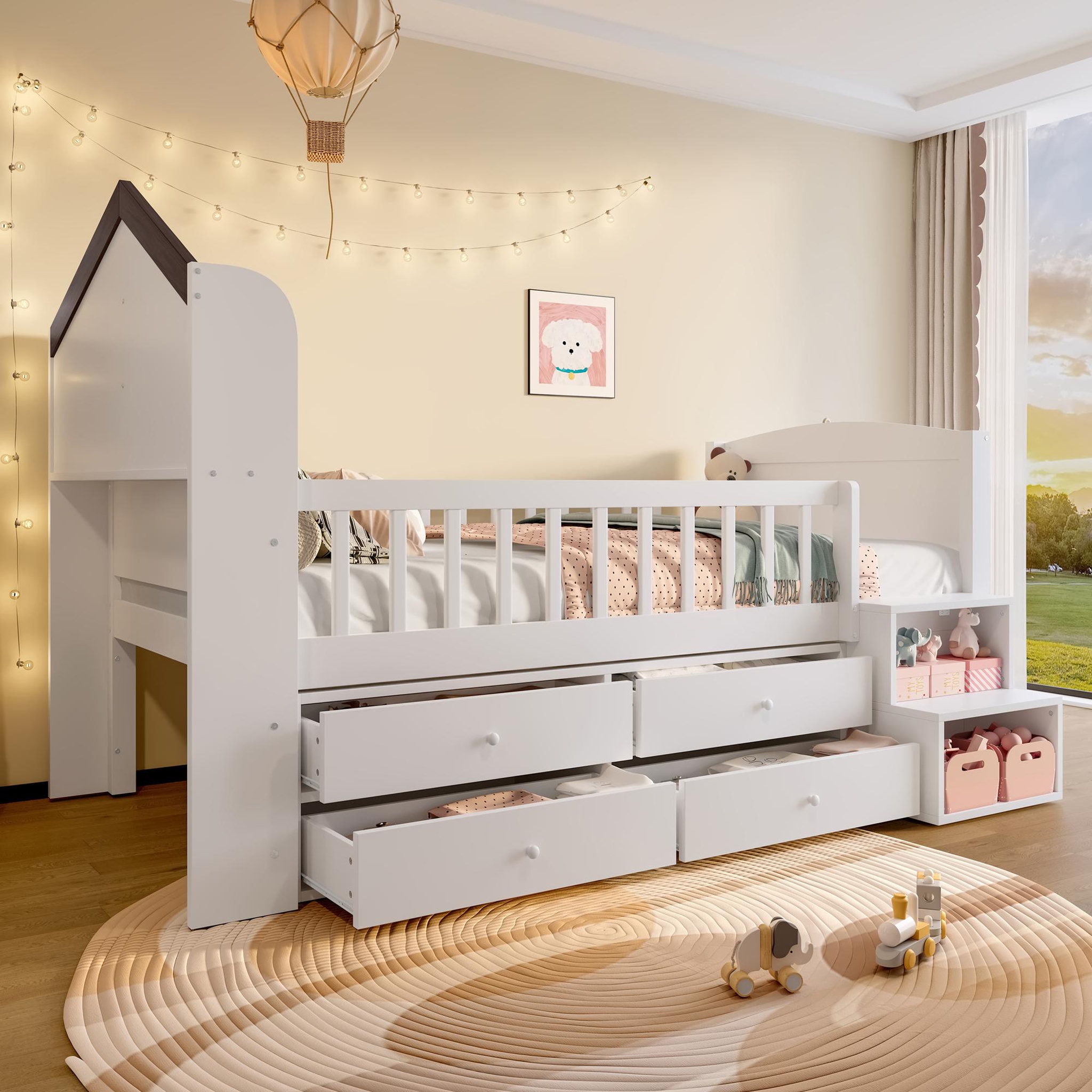 Voir la diapositive 4 : MERAX Lit enfant mi hauteur 90x200cm coloris blanc led pin