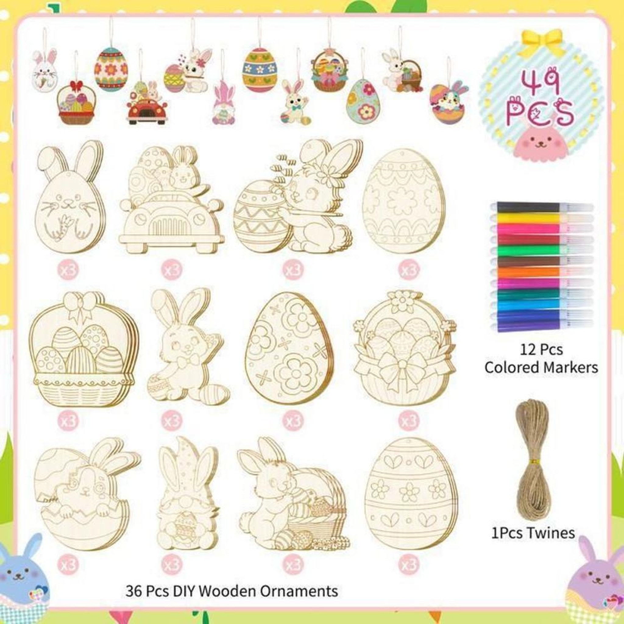 Voir la diapositive 2 : Ornements de Pâques DIY en bois à colorier, lot 49 pièces avec 12 marqueurs et ficelle