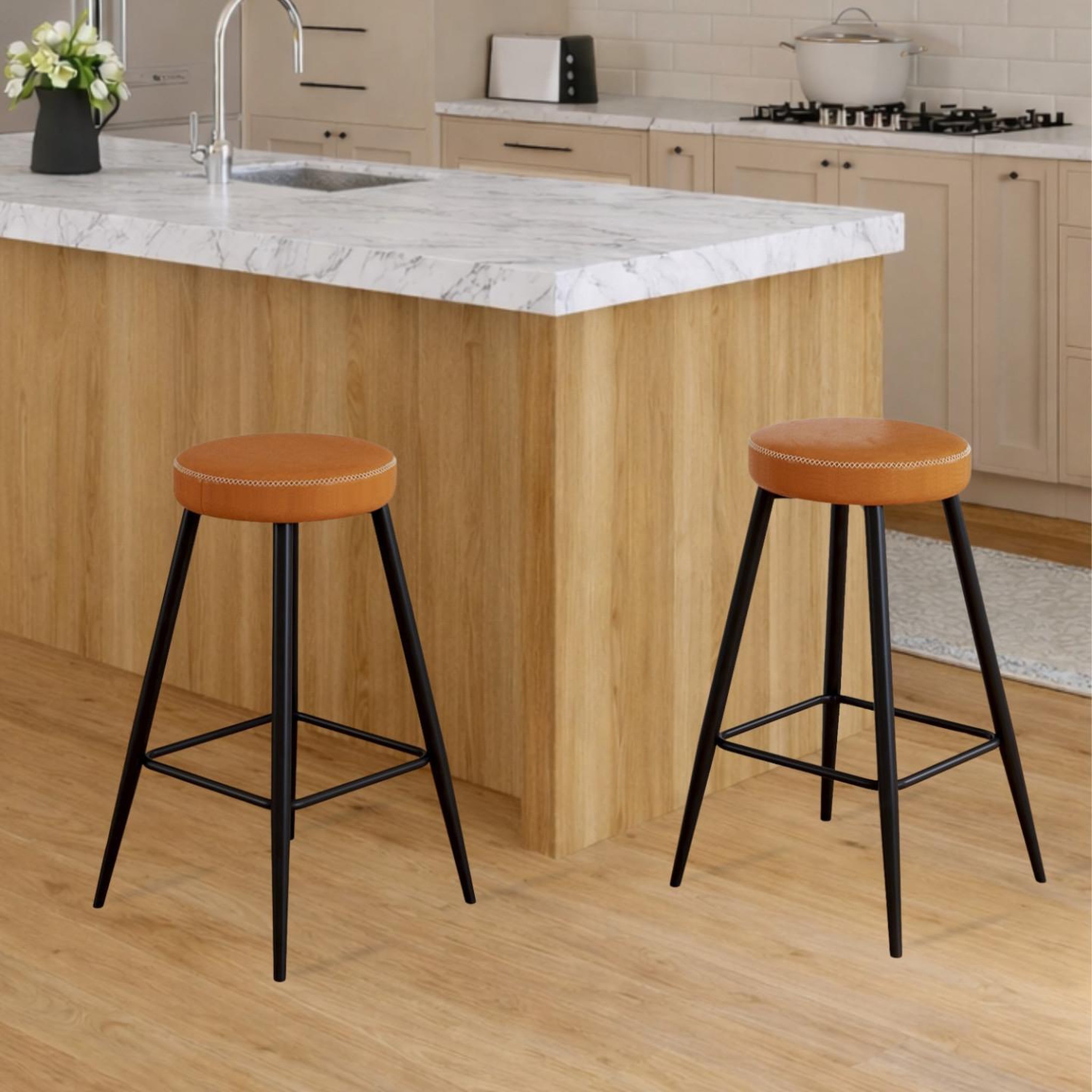 Voir la diapositive 3 : ID MARKET Lot de 2 tabourets de bar isaure marron avec coutures et pieds en métal noir