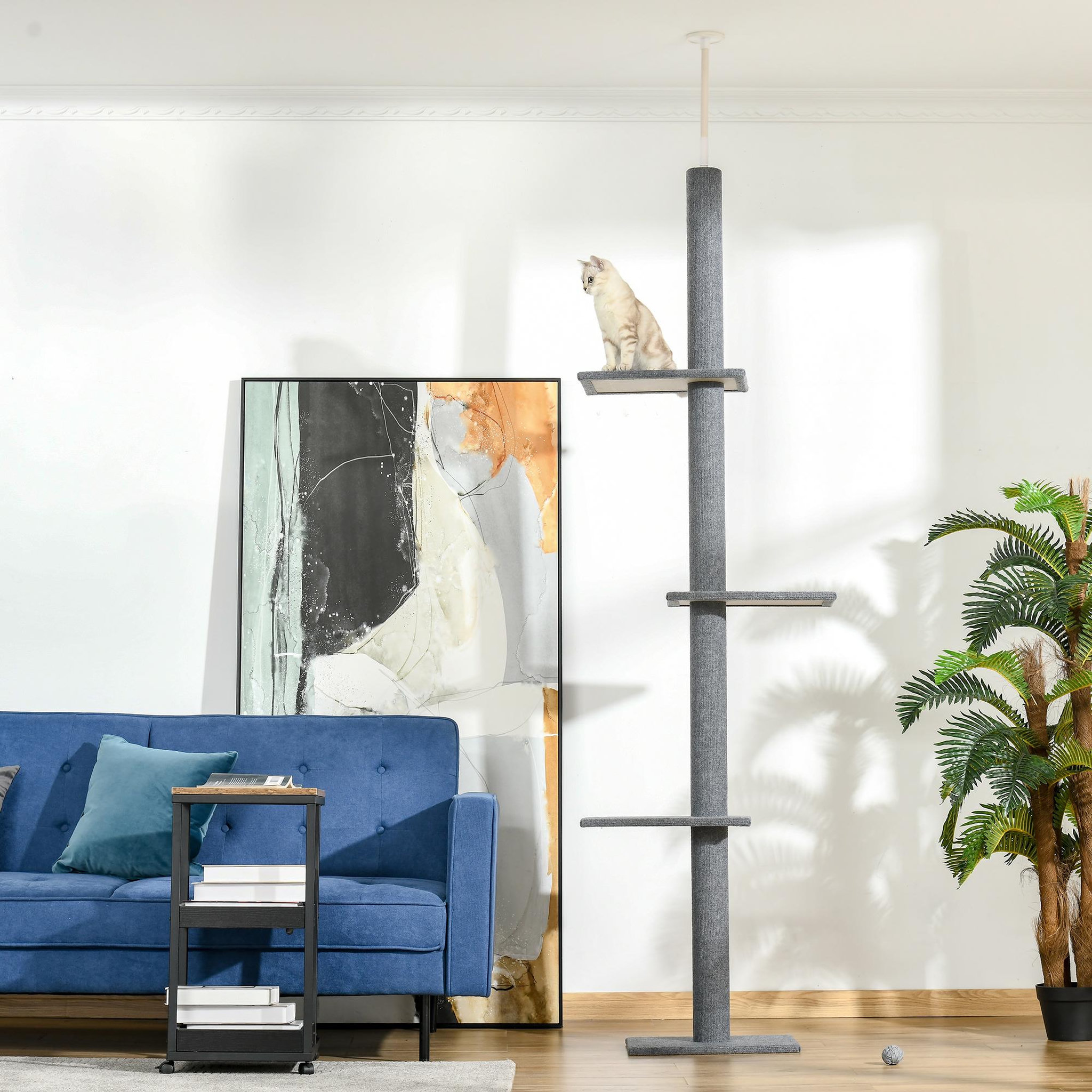 Voir la diapositive 2 : PAWHUT Arbre à chat poteau à griffer hauteur réglable dim. 43l x 27i x 228-260h cm 4 niveaux d'activités gris clair