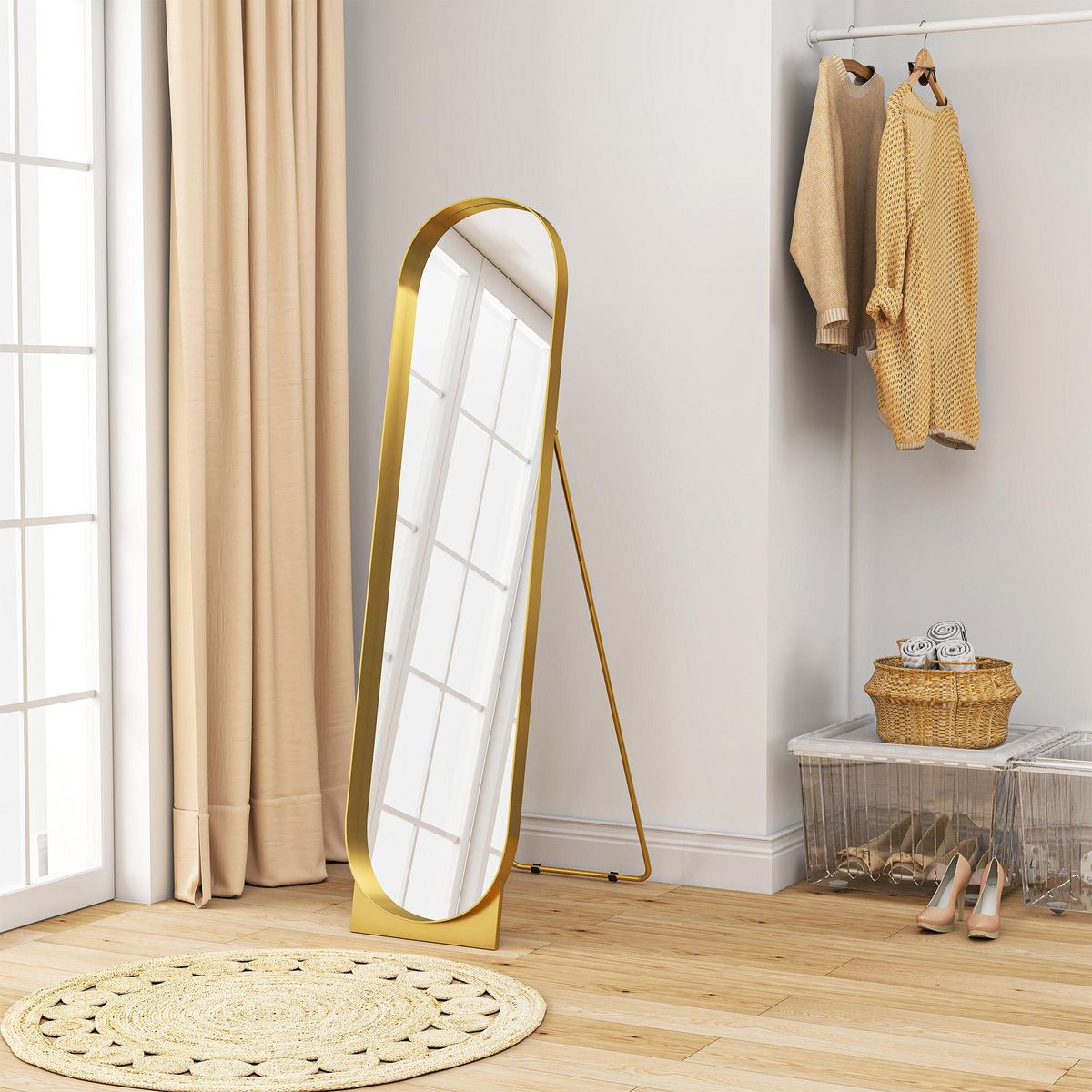 HOMCOM Miroir sur pied design métal doré dim. 40 x 160 cm autoportant ou à adosser