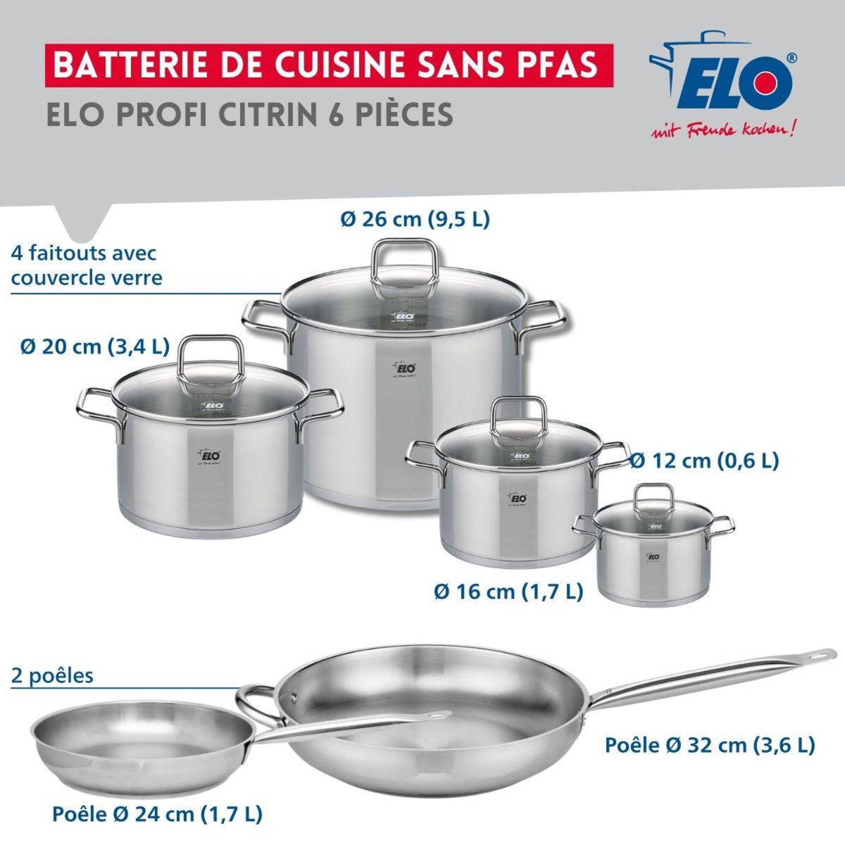 666 Barcelona Ensemble de 2 Poêles de cuisson 24 et 32 cm et 4 faitouts 12, 16, 20 et 26 cm Elo Profi Citrin