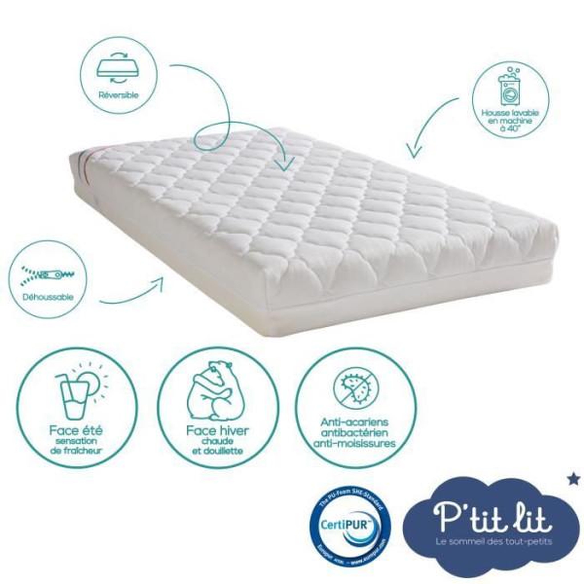 Voir la diapositive 4 : P'TIT LIT Matelas Bébé Climatisé - 70x140x10 cm - Reversible - Déhoussable - Anti Acarien - Fabrication Française