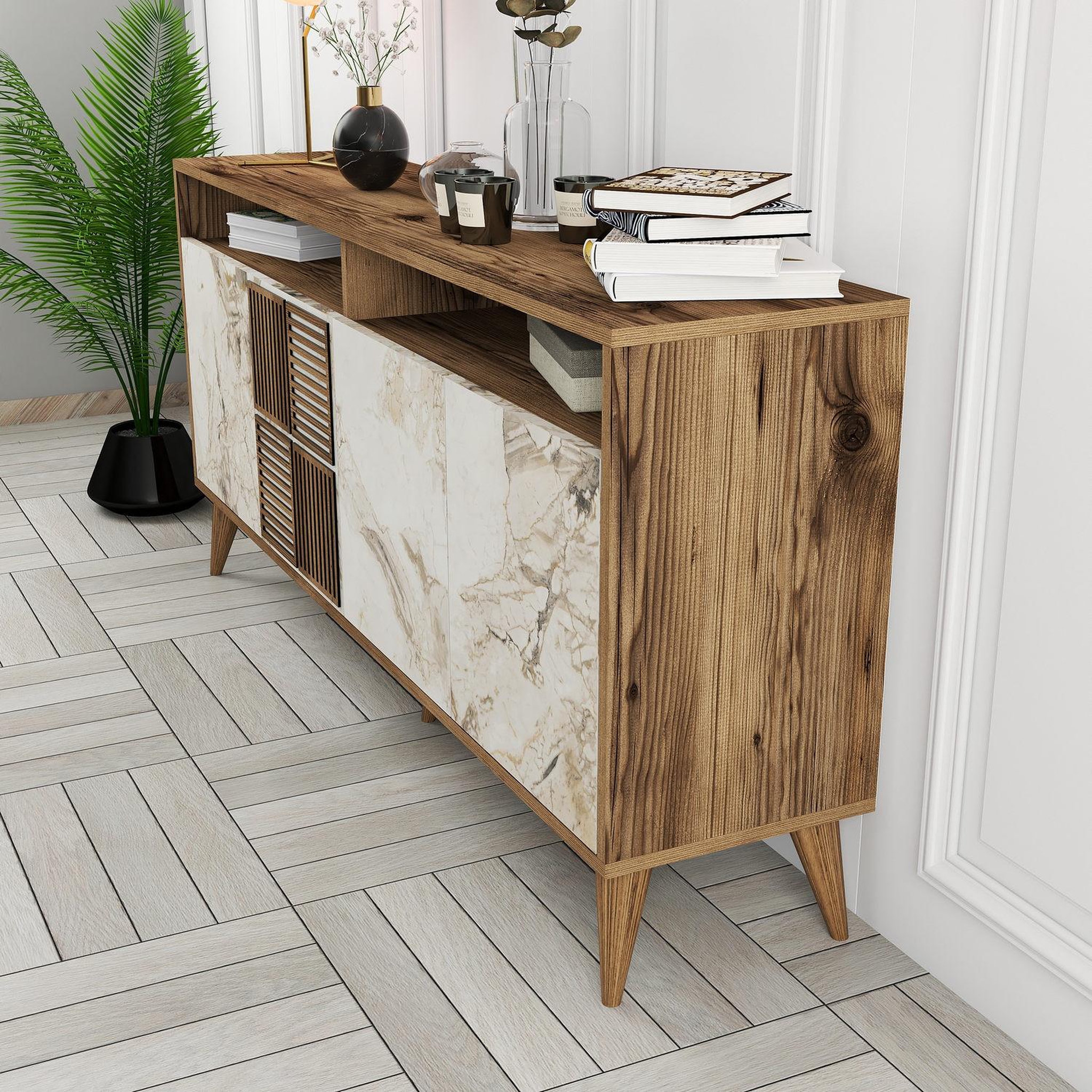 Voir la diapositive 4 : Habitat et Jardin Buffet en bois  milan  - 160 x 35 x 78 cm - noyer, marbre blanc