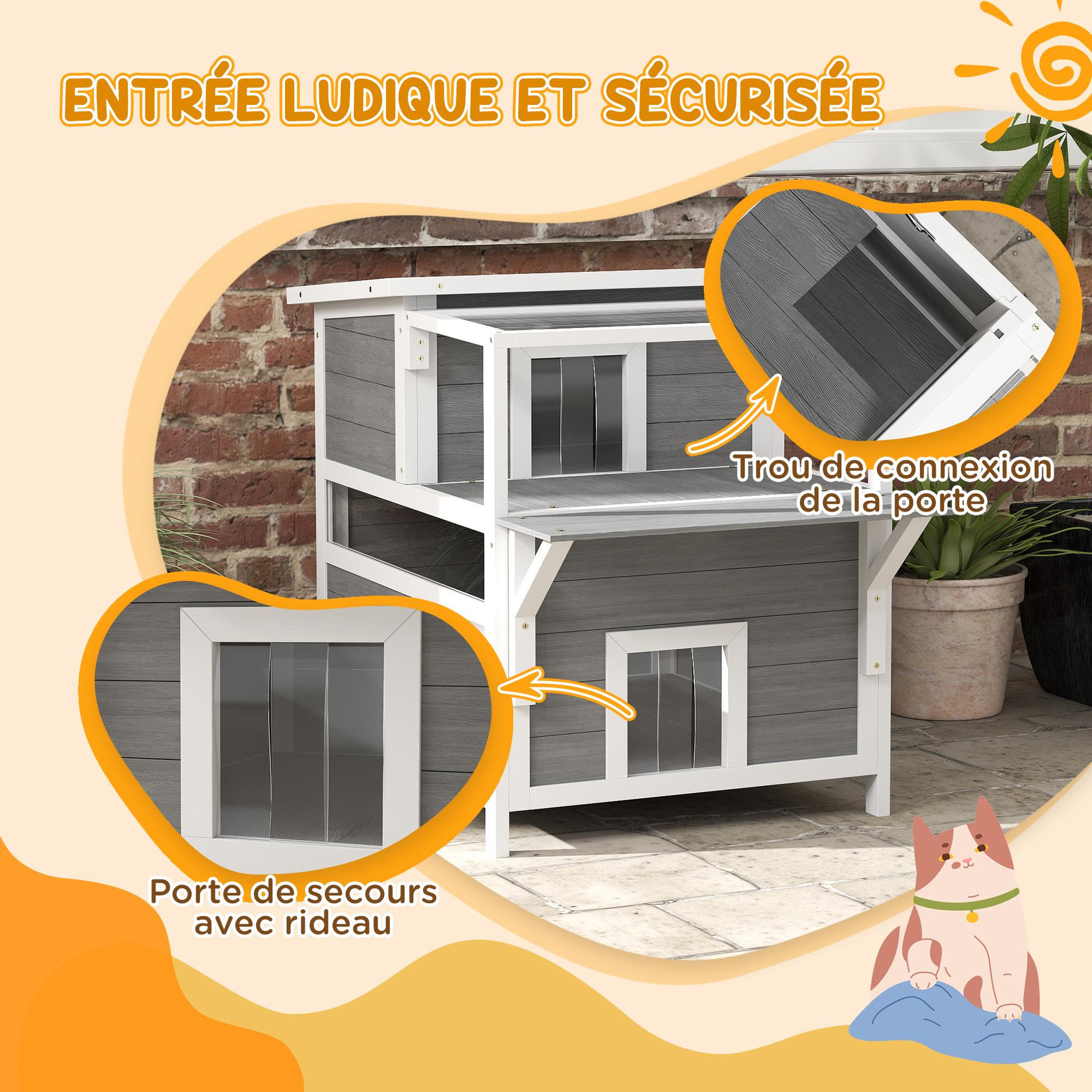 Voir la diapositive 6 : PAWHUT Maison niche chat sur pied - 2 niveaux, 2 portes, terrasse abritée, fenêtre - bois gris blanc