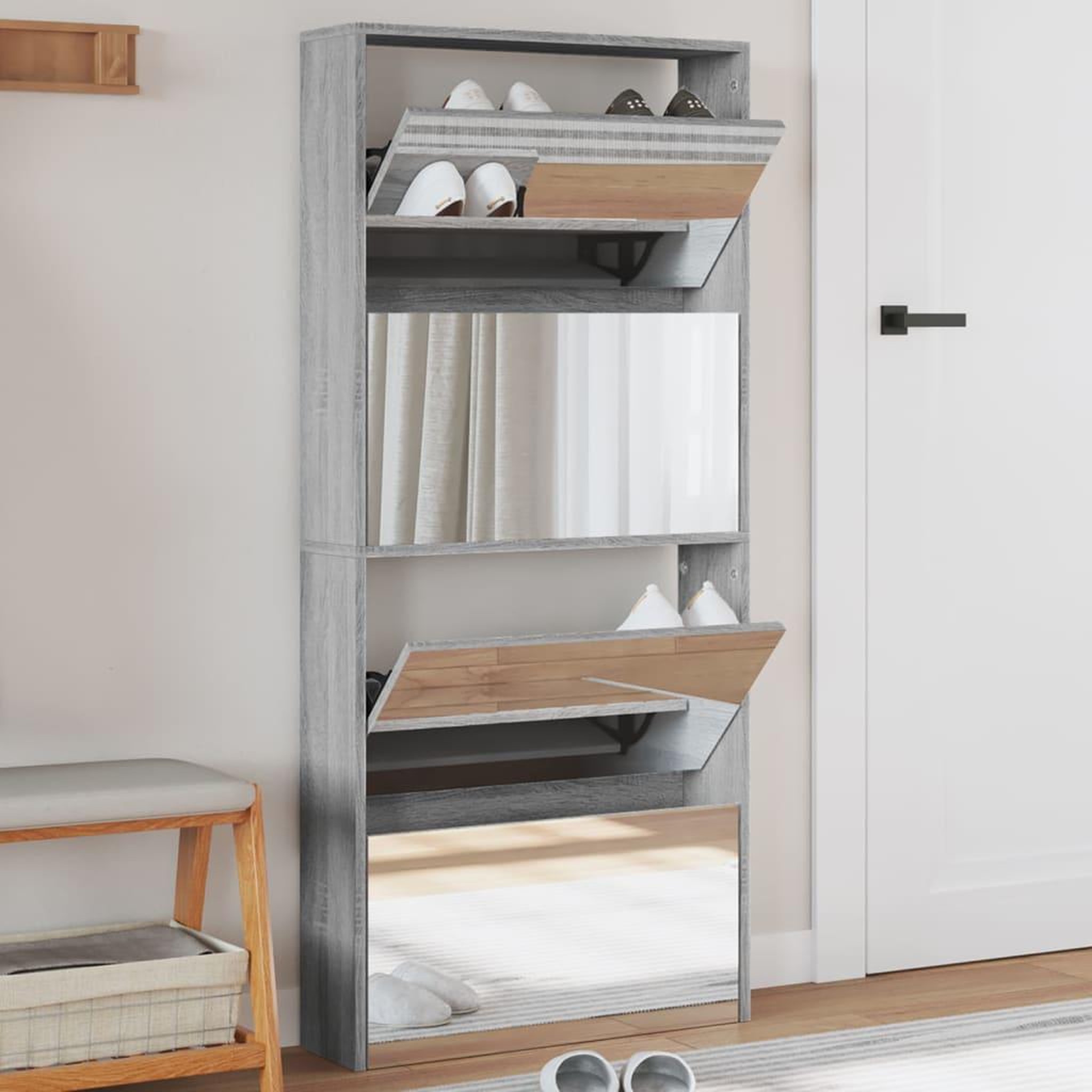 VIDAXL Armoire a chaussures miroir 4 niveaux sonoma gris 63x17x134 cm