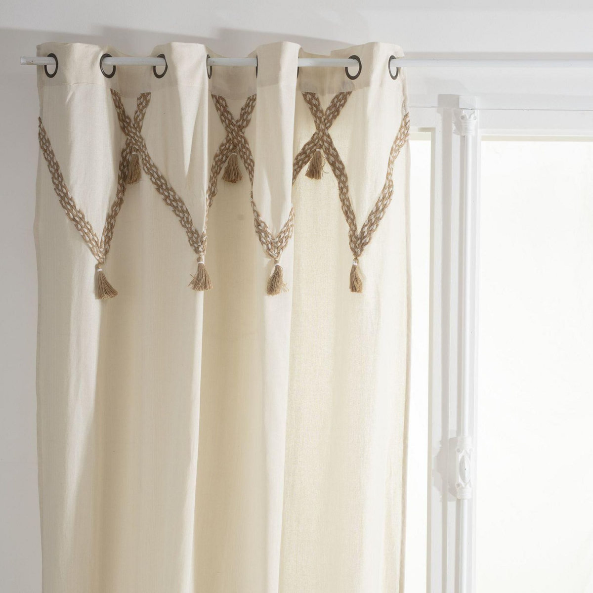 TOILINUX Lot de 2 Rideaux Carmen à Pompons en jute - 140 cm x 260 cm - Beige