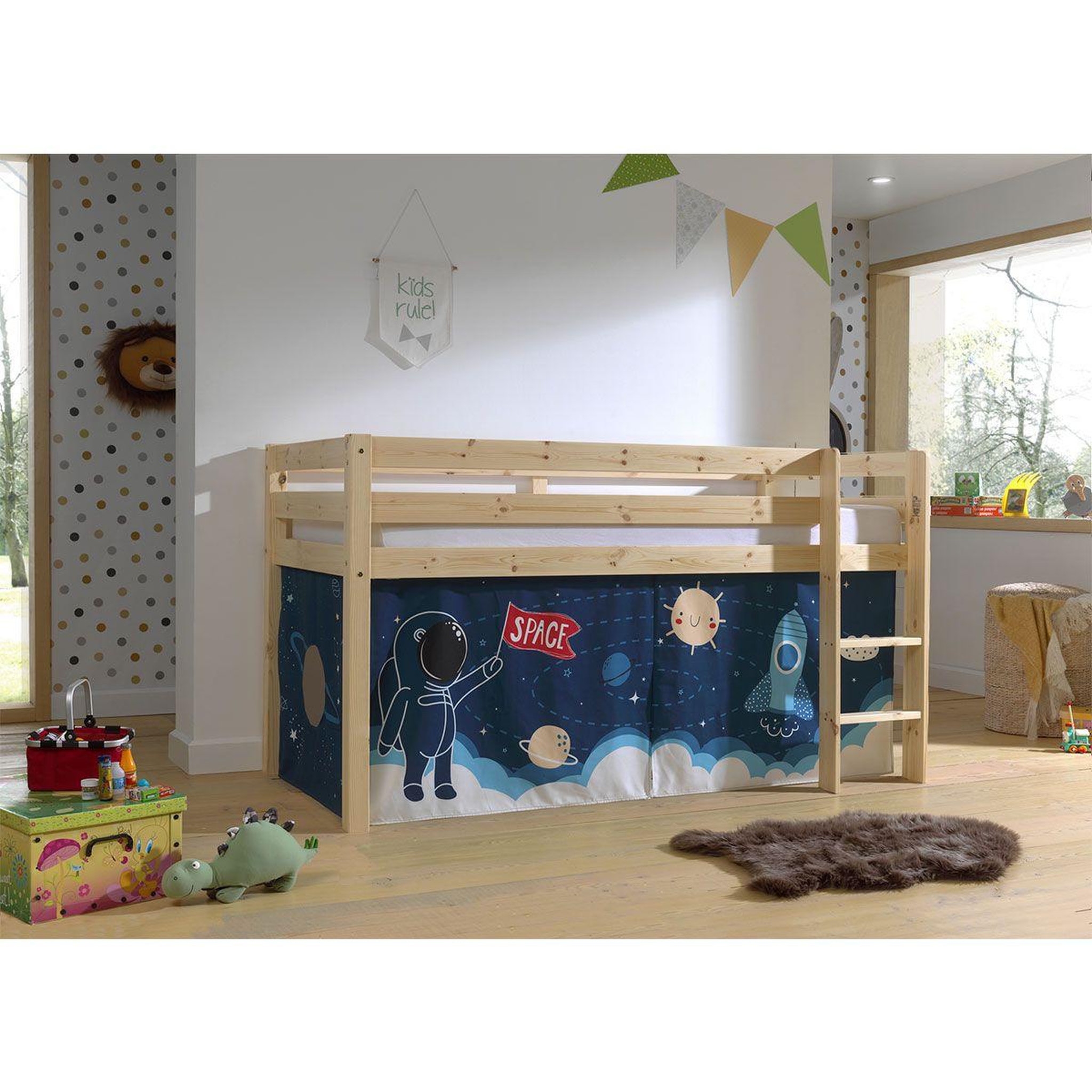 Voir la diapositive 2 : Paris Prix Lit enfant surélevé  pino space shuttle  90x200cm naturel