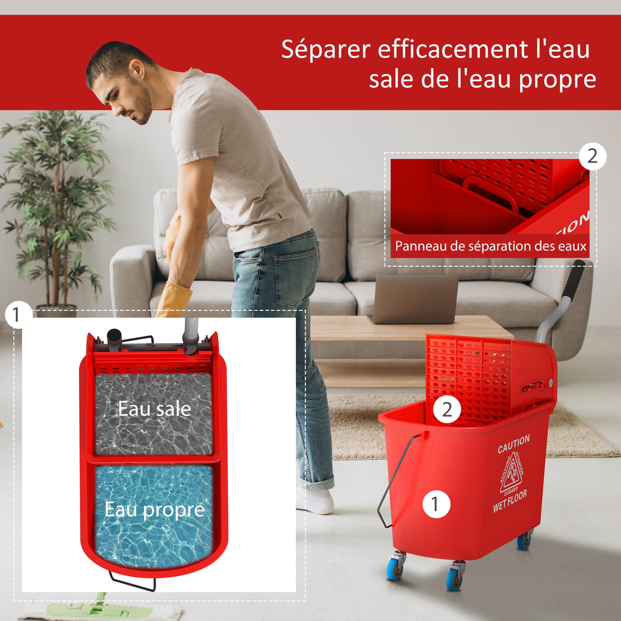 Voir la diapositive 4 : HOMCOM Chariot de nettoyage lavage seau de ménage 20 L avec essoreur et séparateur eau sale propre rouge