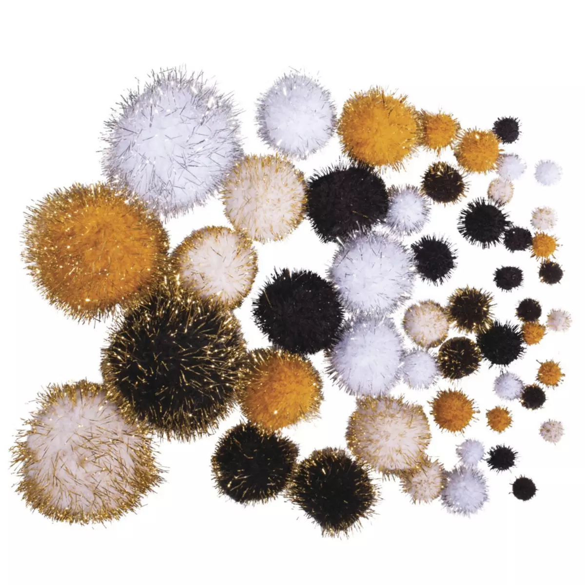Rayher Pompons metallic, assortis, noir - or, coul.+tailles assorties, 50 pces
