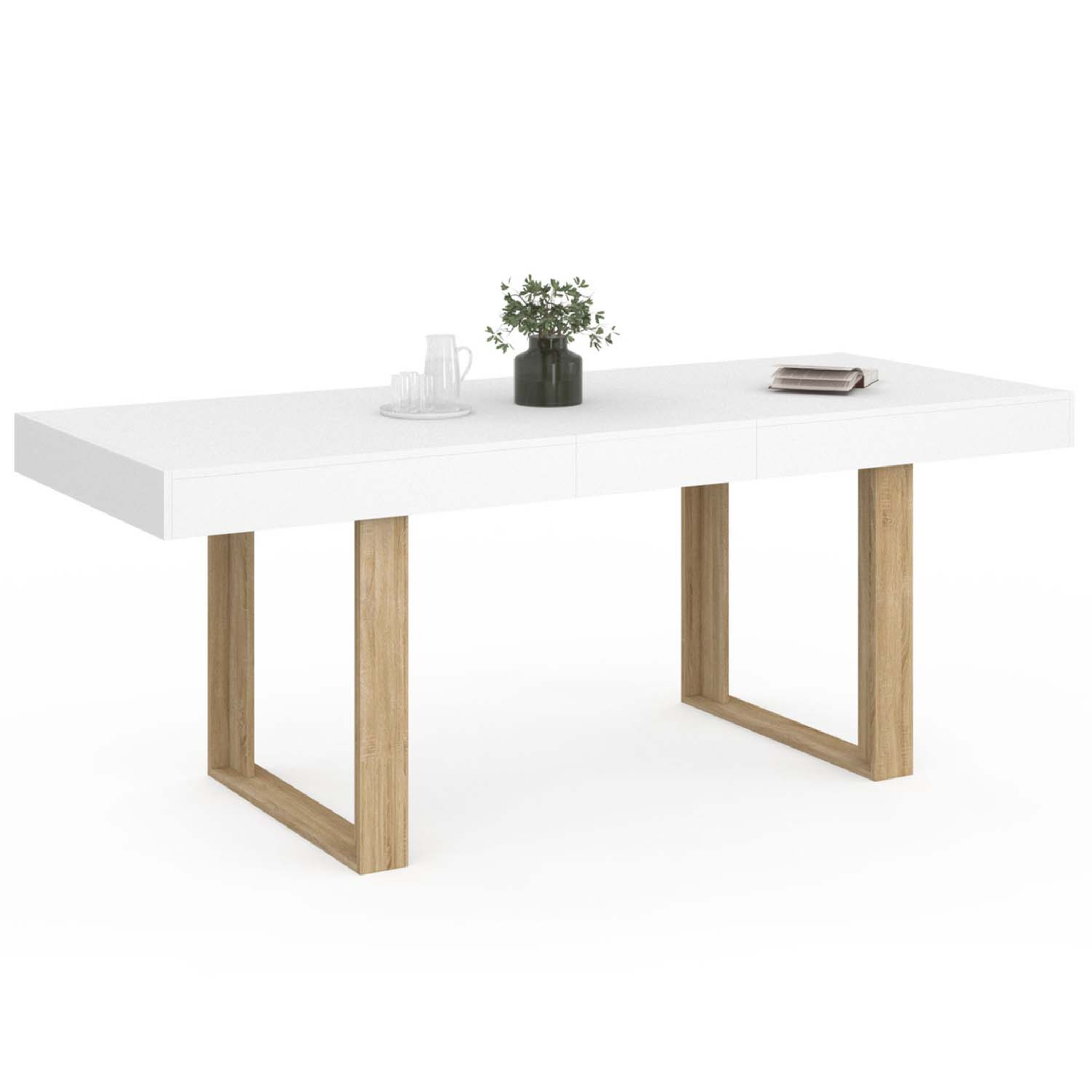 ID MARKET Table à manger extensible rectangle phoenix 4-8 personnes blanc pieds bois 160-200 cm